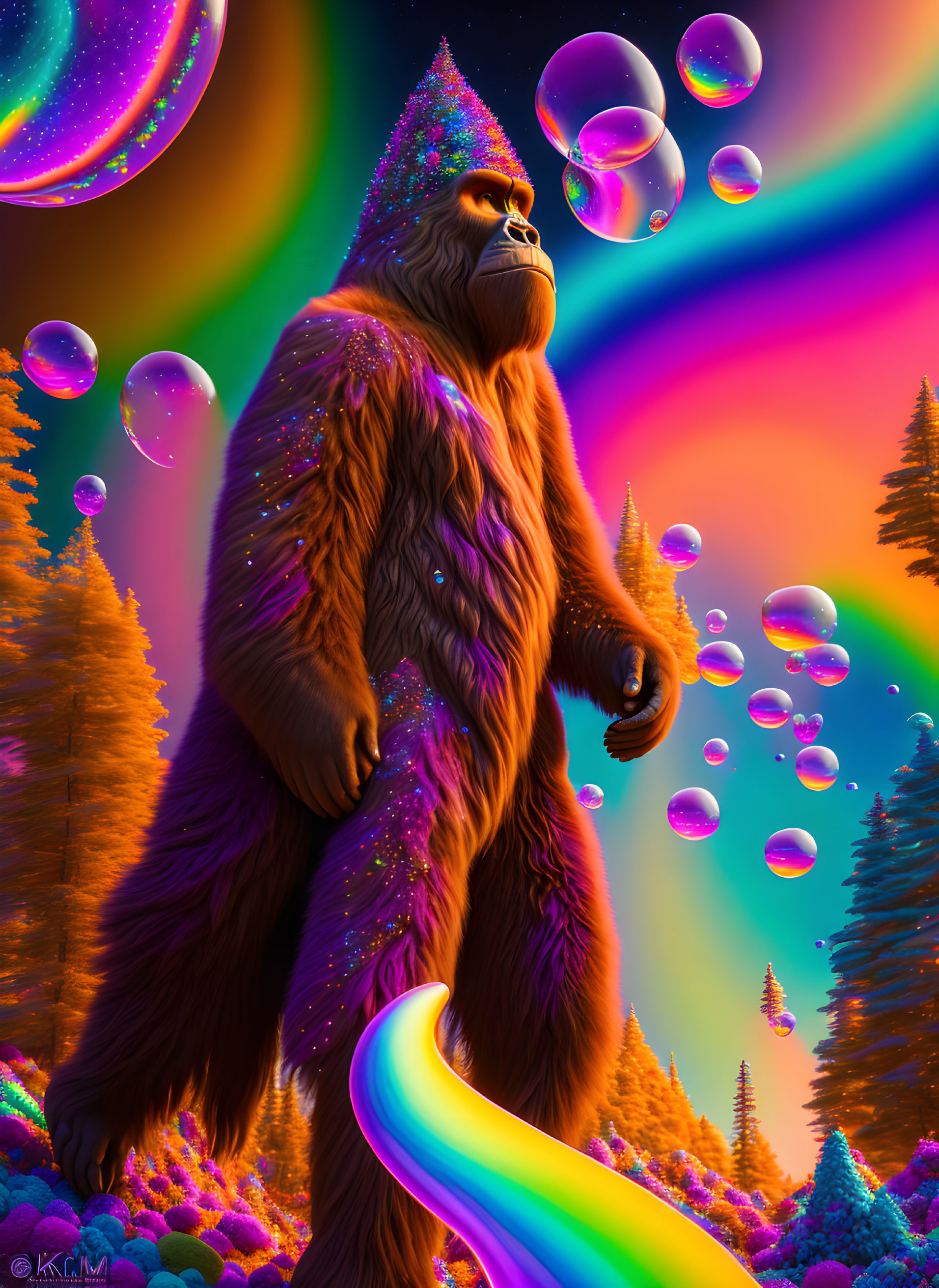 Colorful digital artwork: Large humanoid in vibrant forest scene