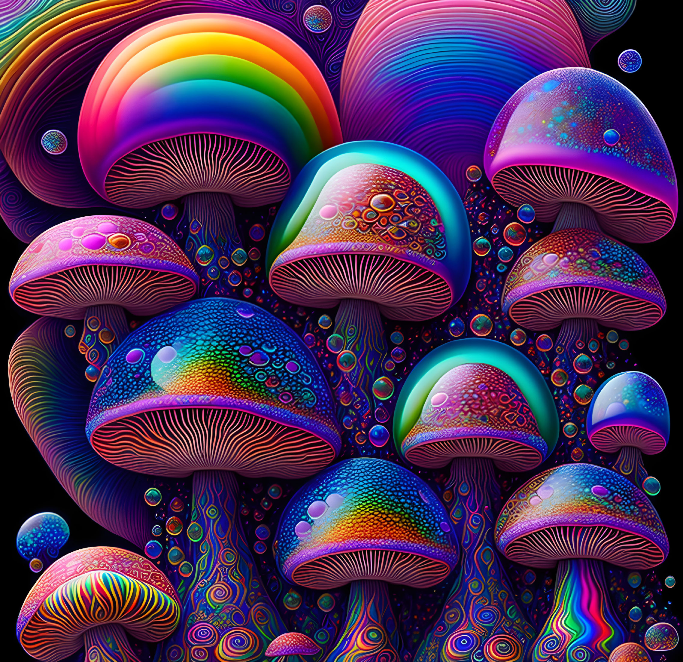 Colorful Psychedelic Mushroom Cluster Art on Dark Background