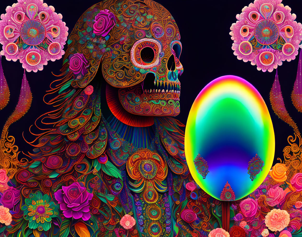 Colorful psychedelic skull illustration with floral patterns and rainbow orb