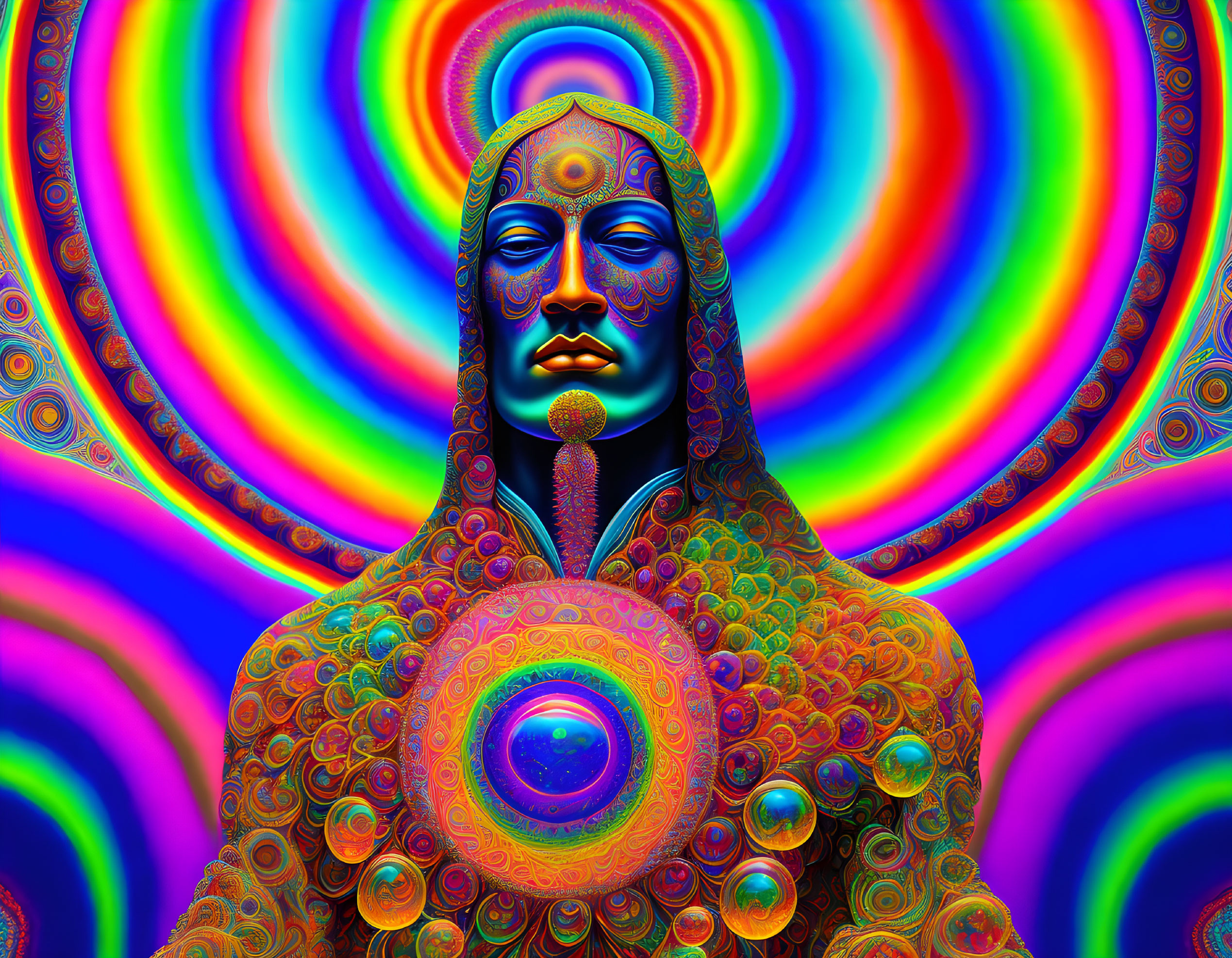 Colorful digital artwork featuring seated figure and psychedelic patterns