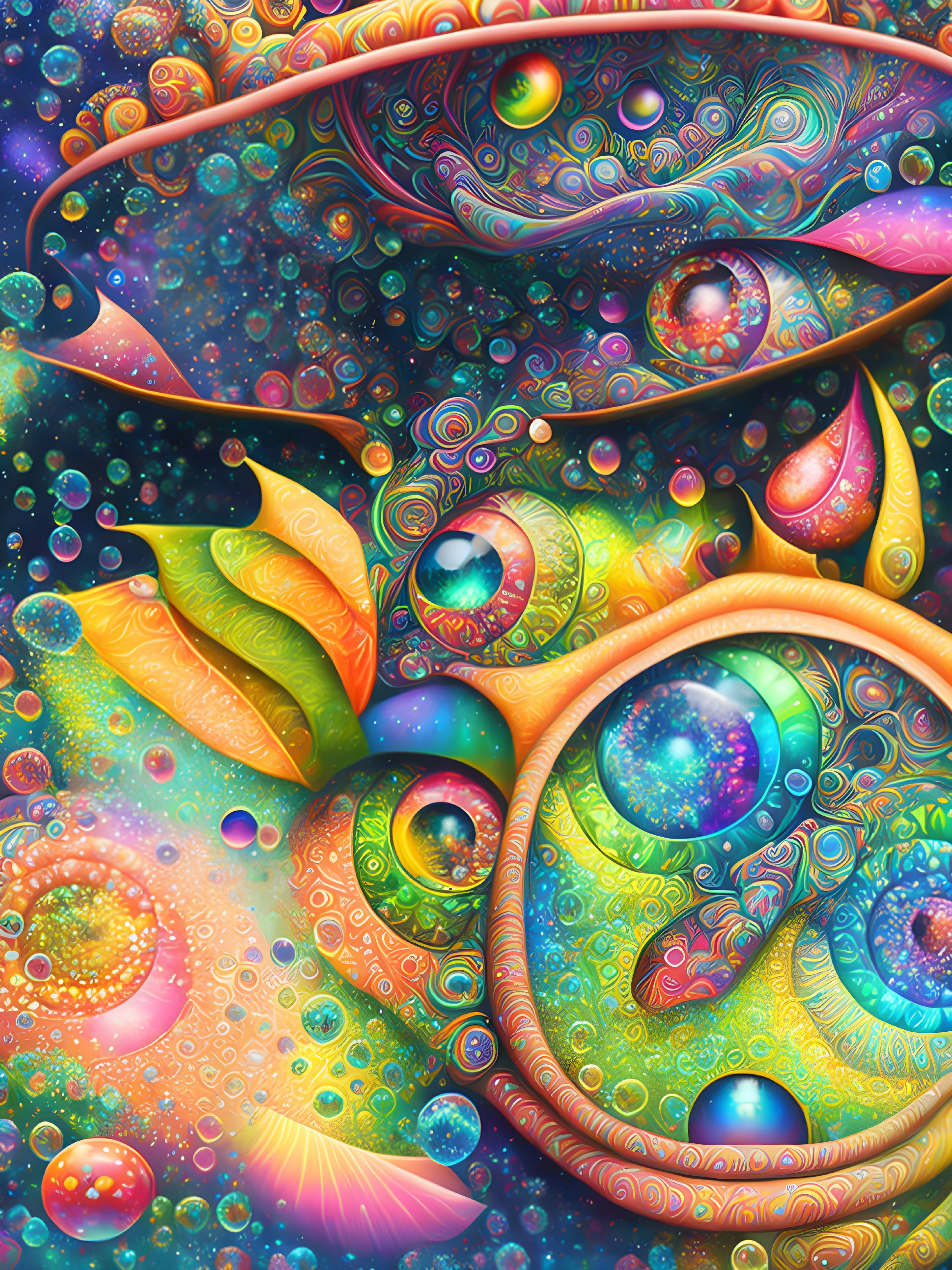 Colorful Psychedelic Artwork: Vibrant Swirls, Cosmic Textures, Leaf-like