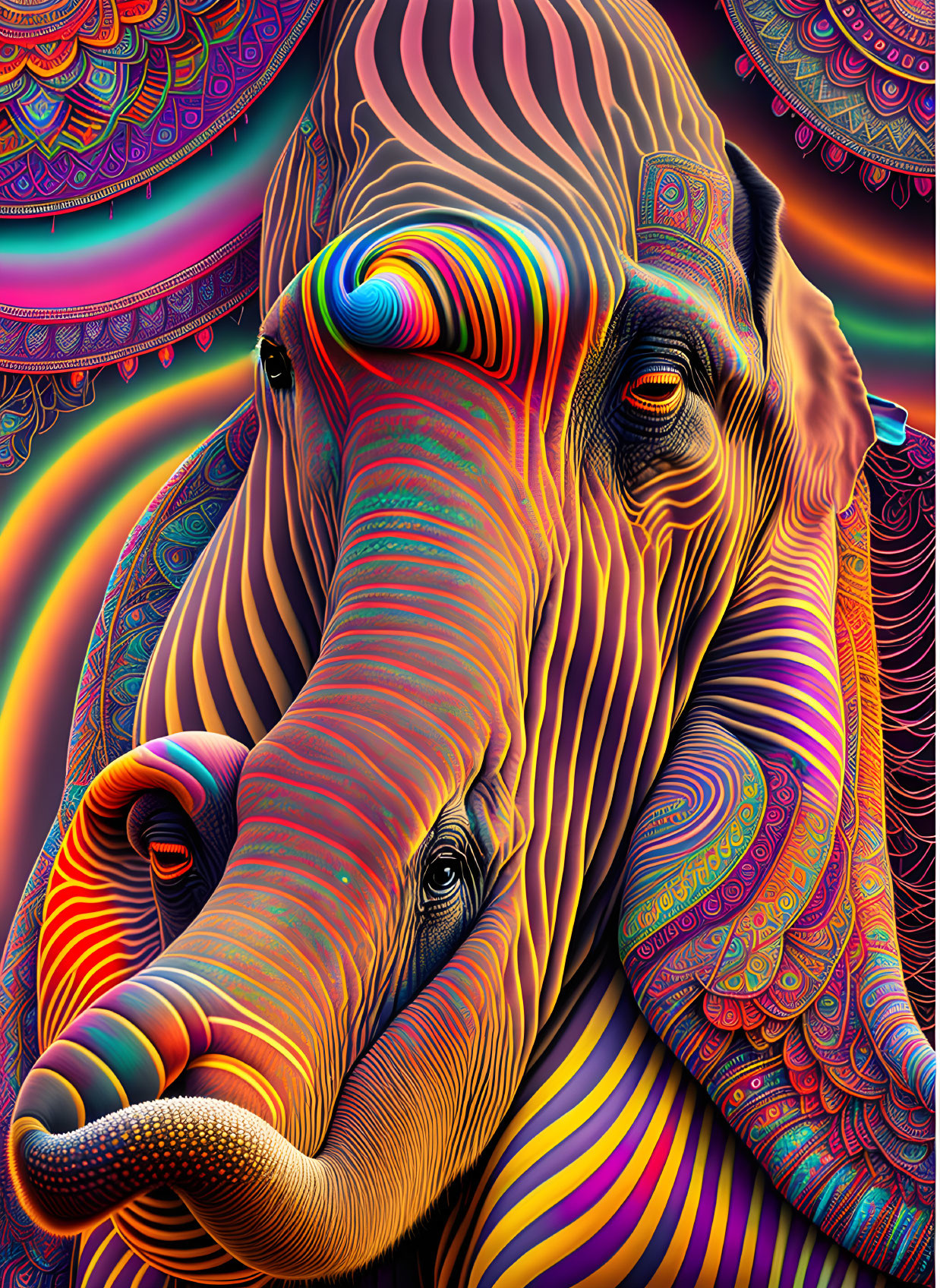 Colorful Psychedelic Elephant Artwork with Mandala Background