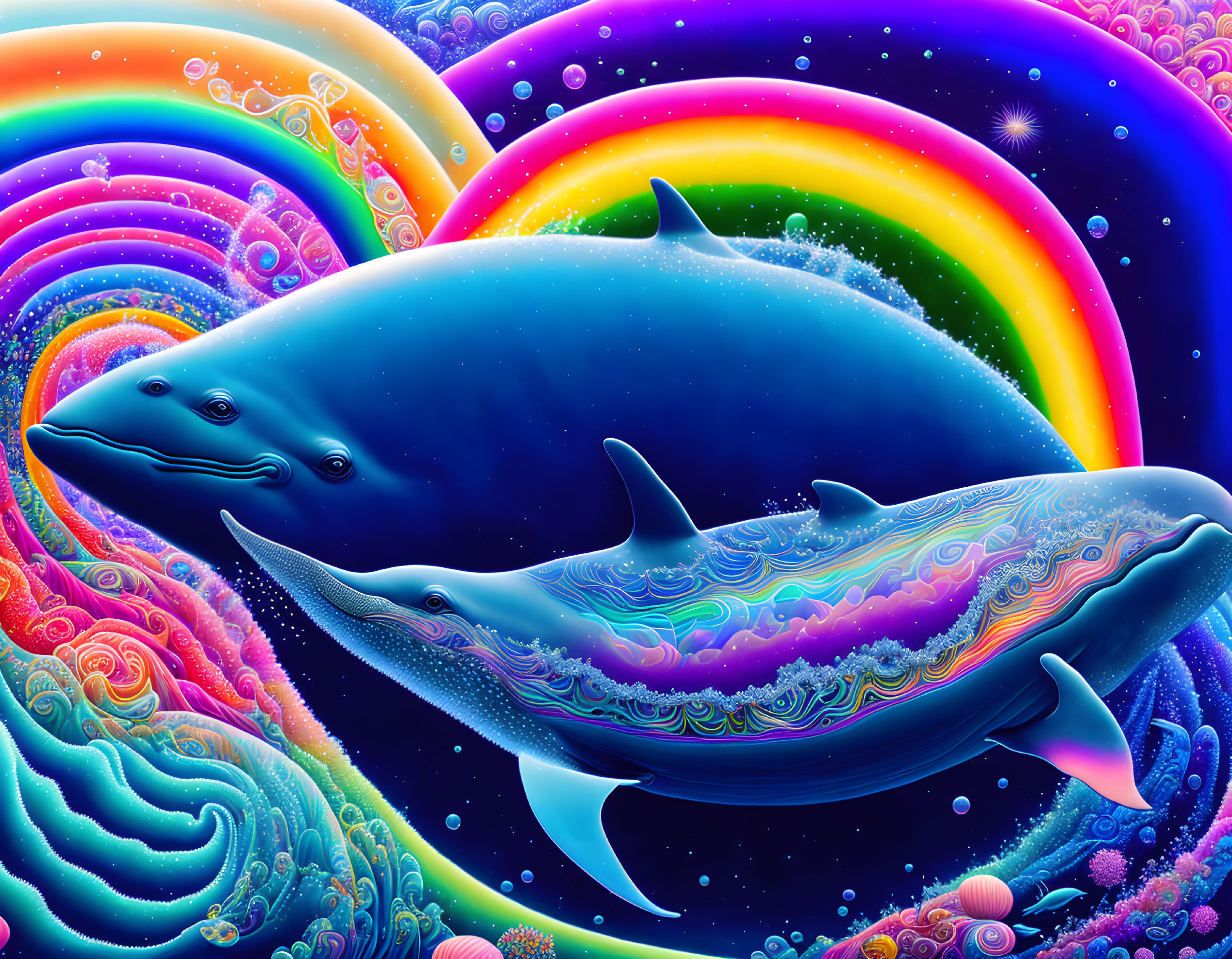 Colorful digital artwork: Two blue whales with intricate patterns in cosmic sea