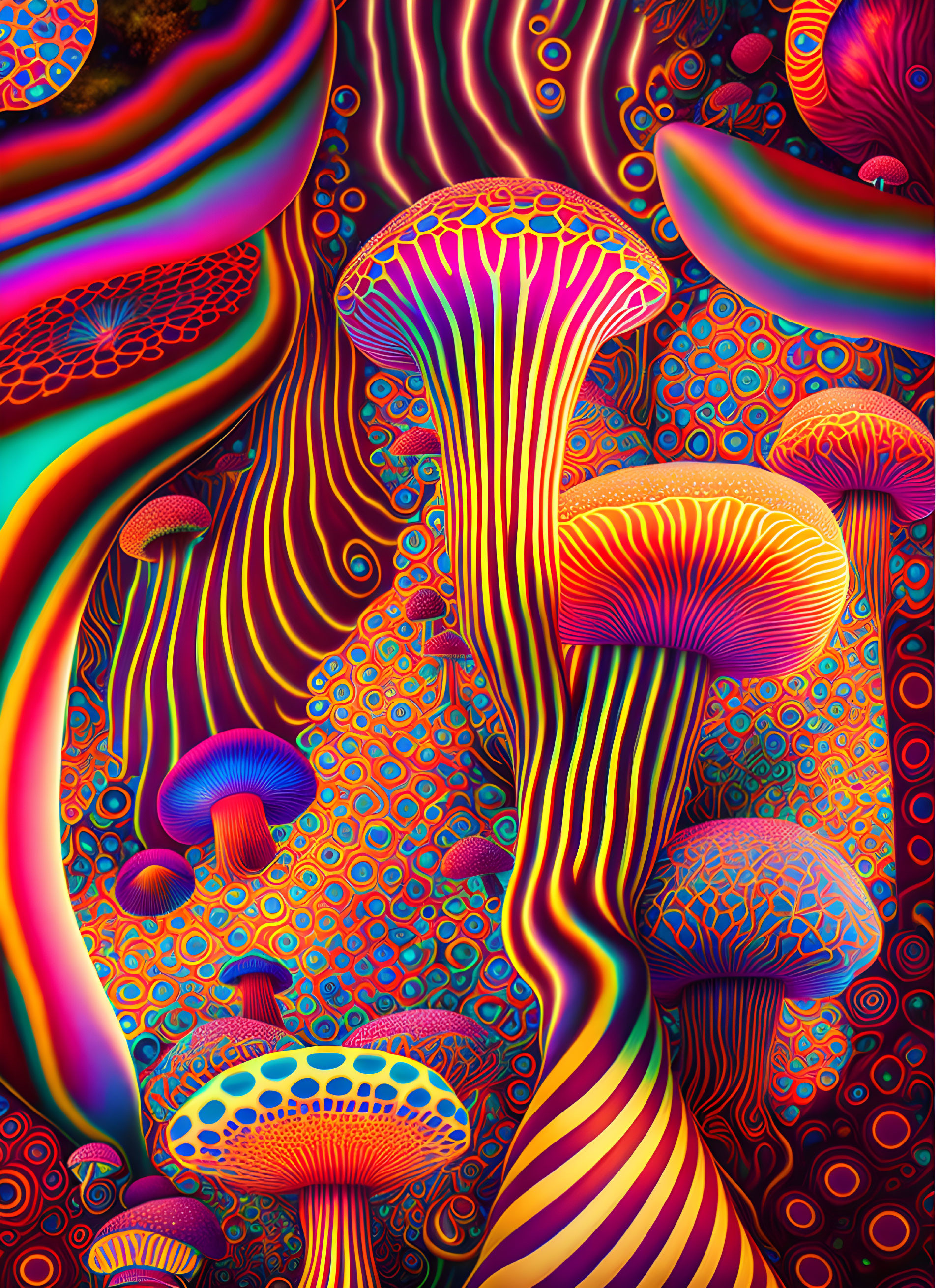 Colorful psychedelic mushroom illustration with intricate patterns on swirling background