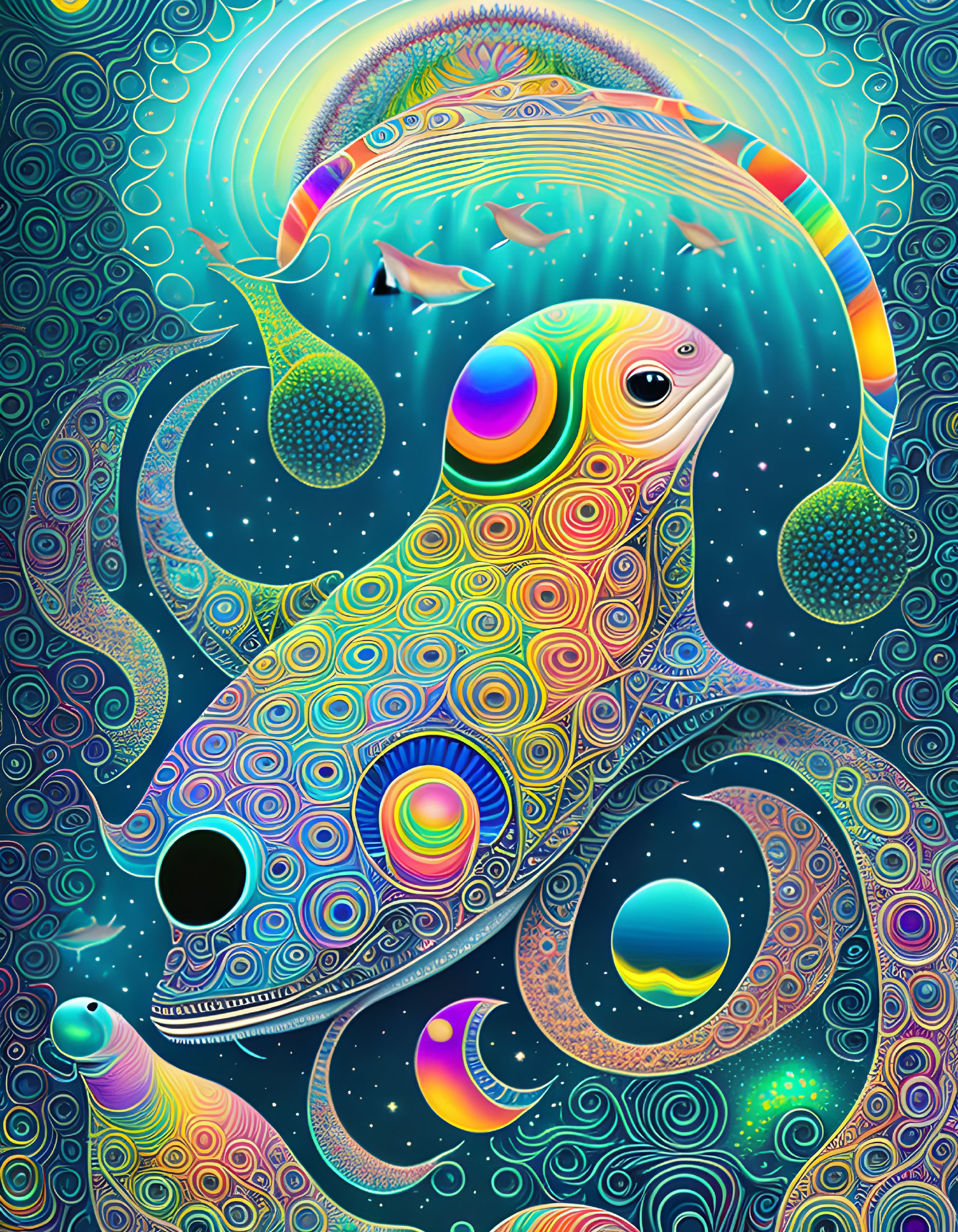 Colorful Psychedelic Seal Creature Artwork with Cosmic Elements