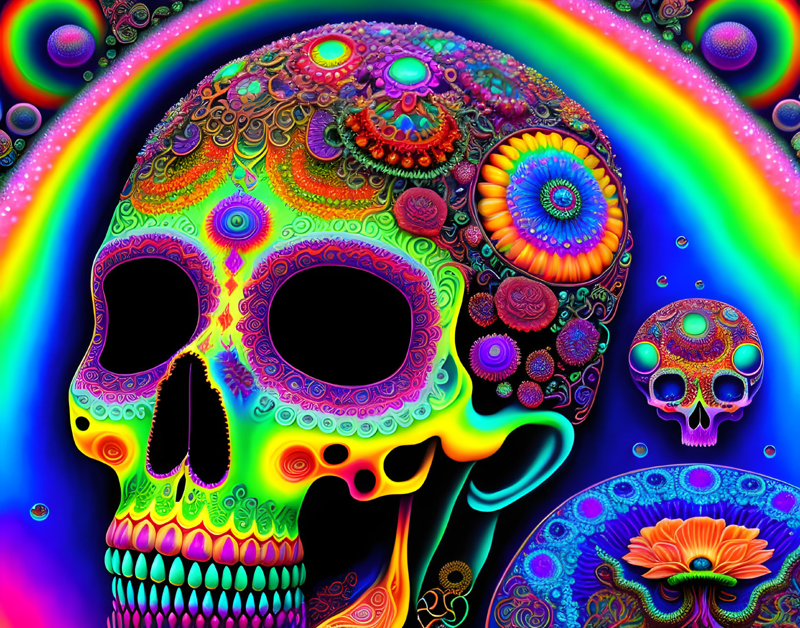 Colorful Psychedelic Skulls in Vibrant Rainbow Fractal Design