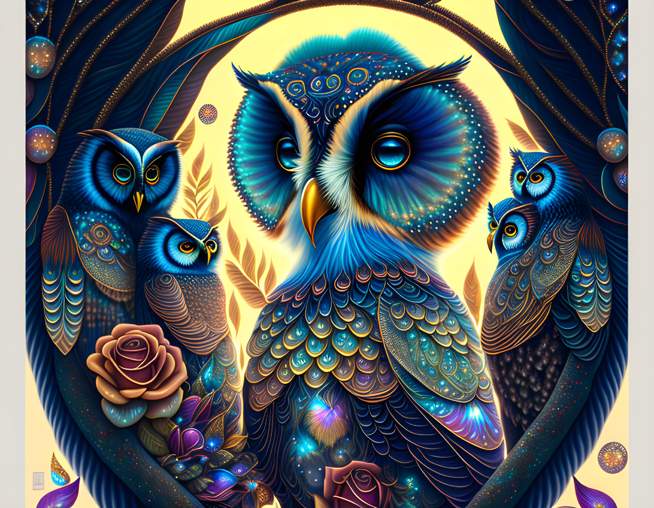 Detailed illustration of stylized owls in blue and gold feathers on celestial-themed background