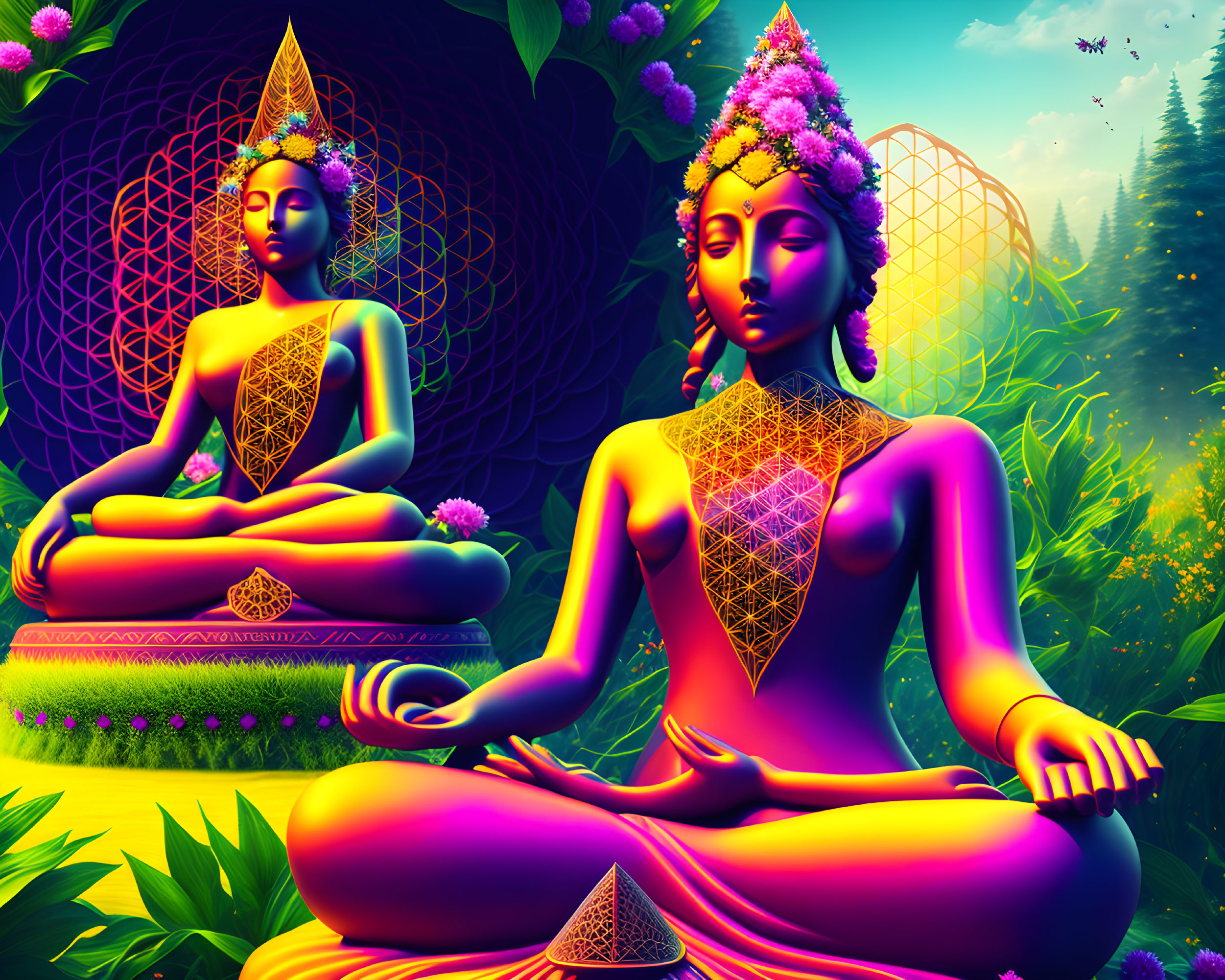 Colorful digital artwork featuring meditating figures, geometric patterns, lush landscape, floral elements, and a