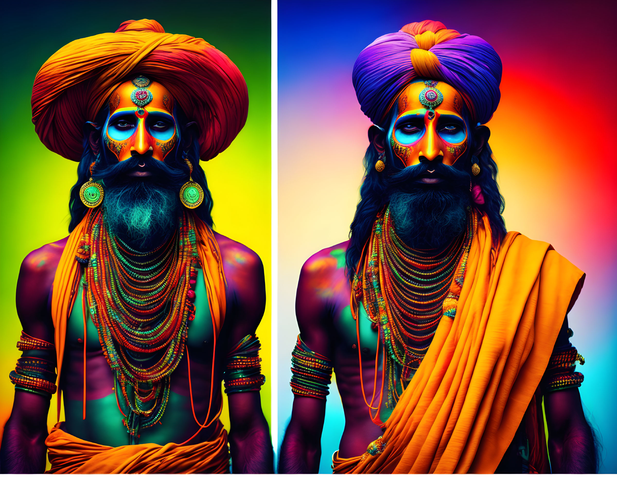 Colorful portraits of a man in a turban with beaded necklaces and painted face