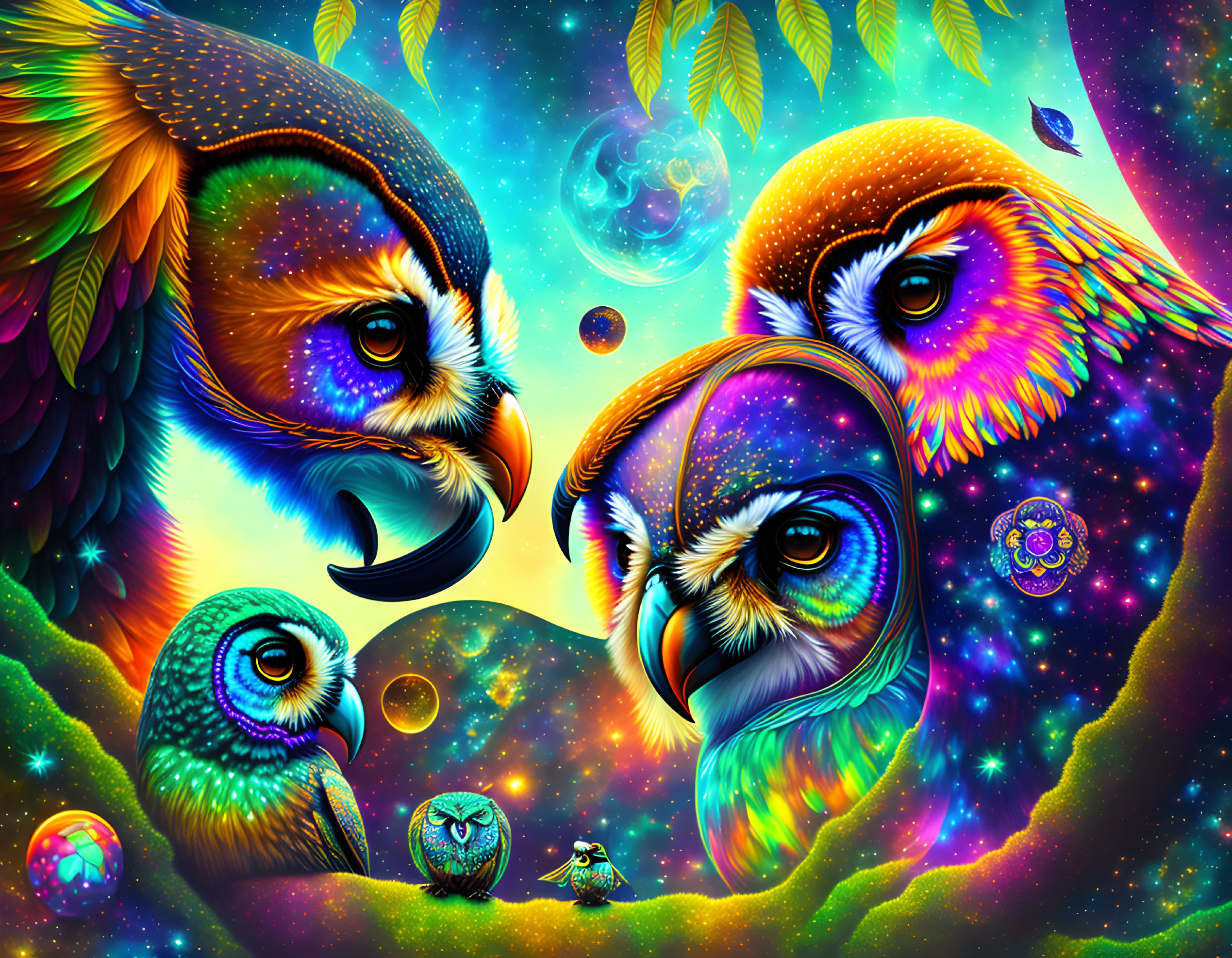 Colorful cosmic illustration of stylized owls with celestial bodies in space.