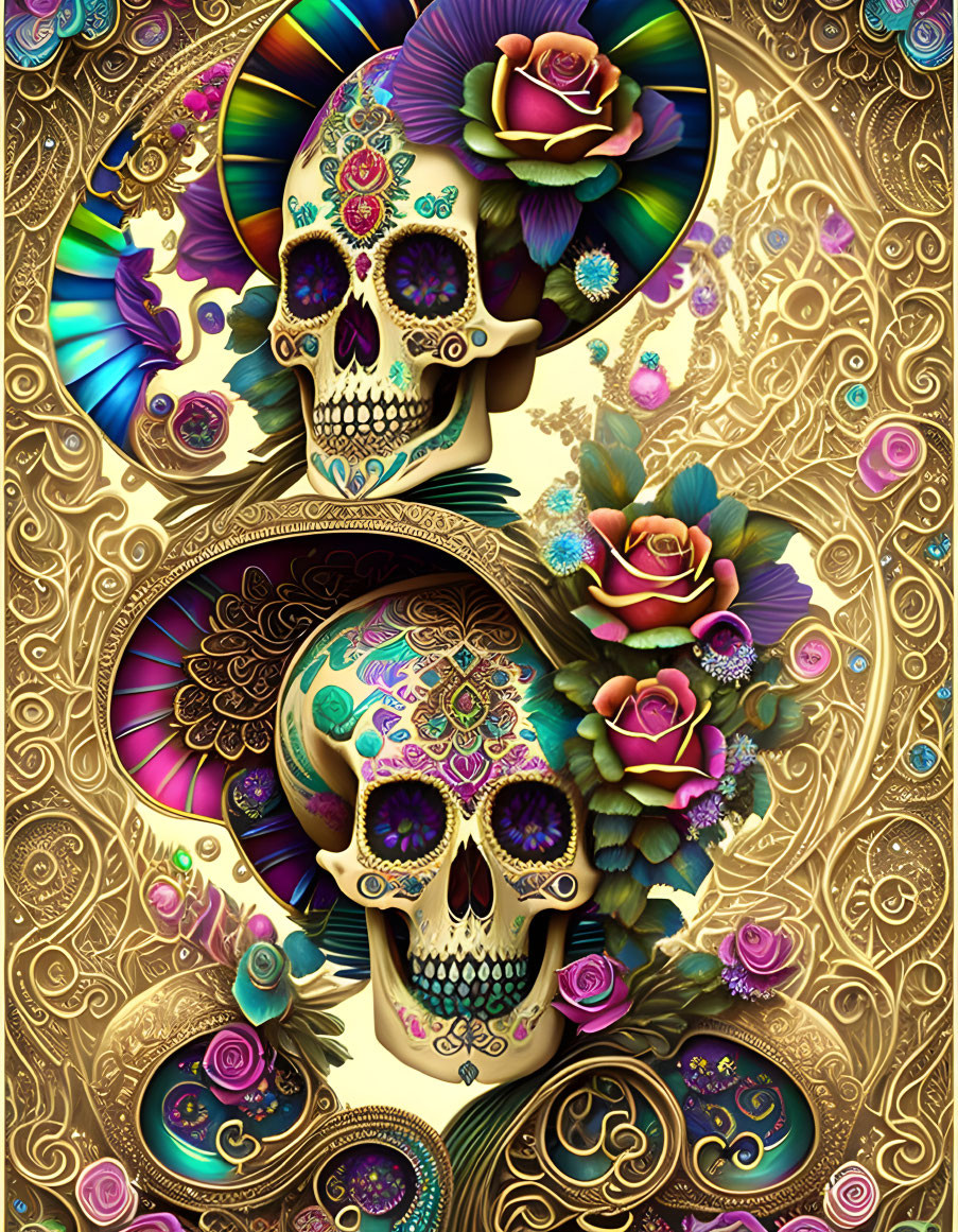 Colorful Day of the Dead Skull Illustration with Floral Motifs