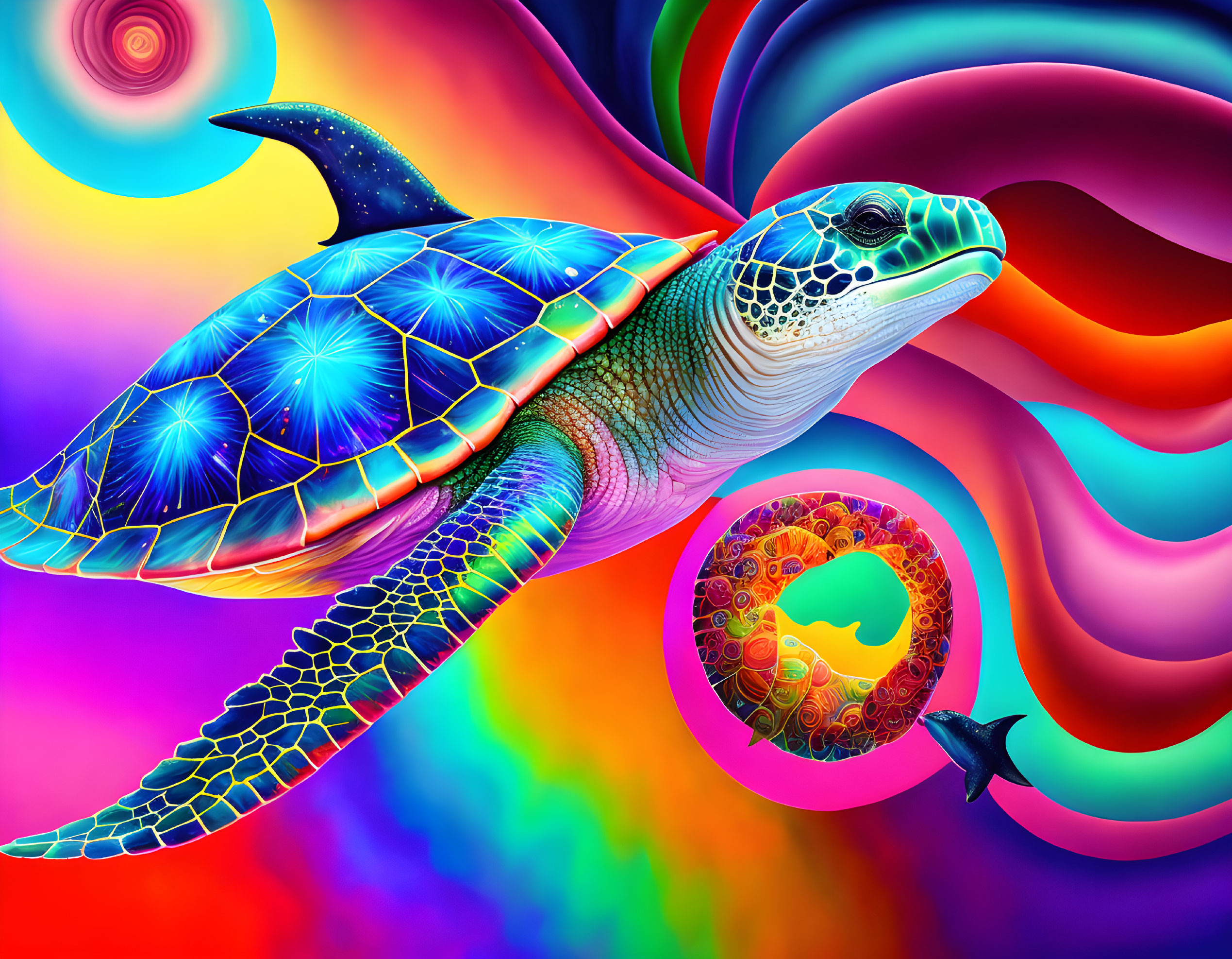 Colorful Abstract Sea Turtle Illustration with Psychedelic Patterns