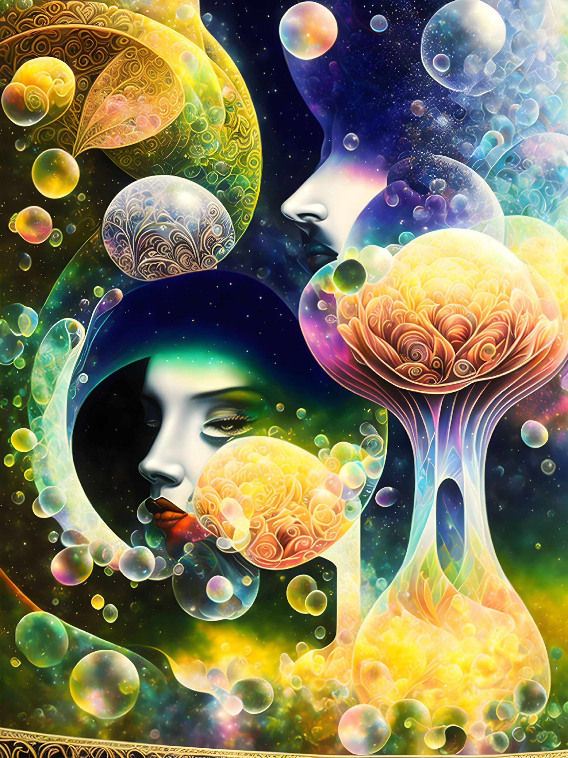 Colorful psychedelic art: female profile, tree structures, sphere canopies, surreal bubbles, starry