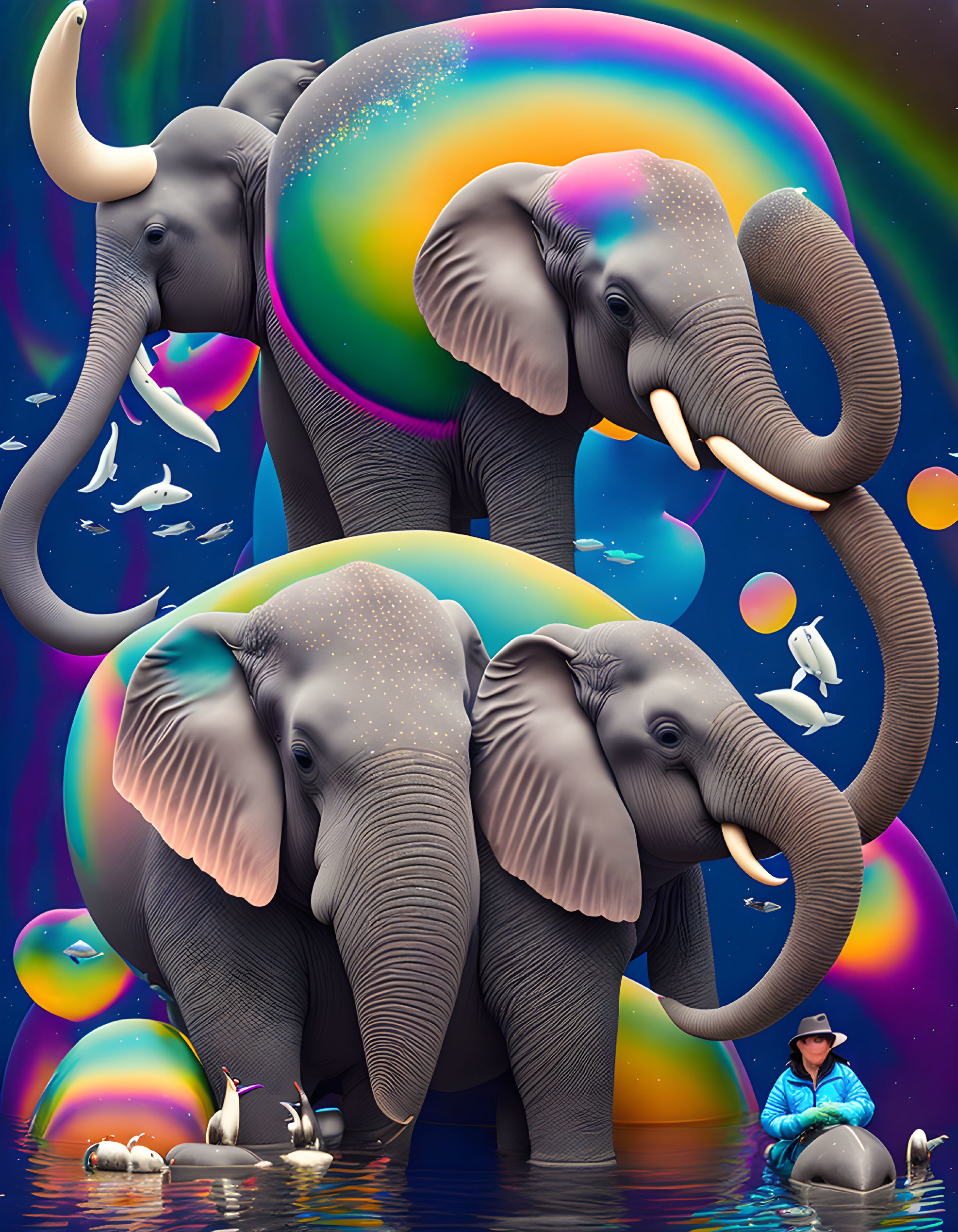 Colorful Psychedelic Elephant Trio with Rainbows, Bubbles, Fish, and Meditating Figure