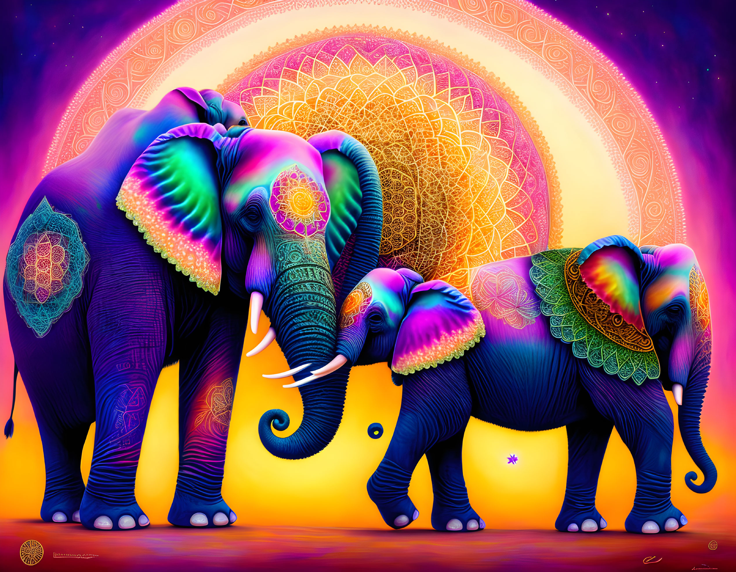 Colorful Elephants on Psychedelic Background: Vibrant Patterns