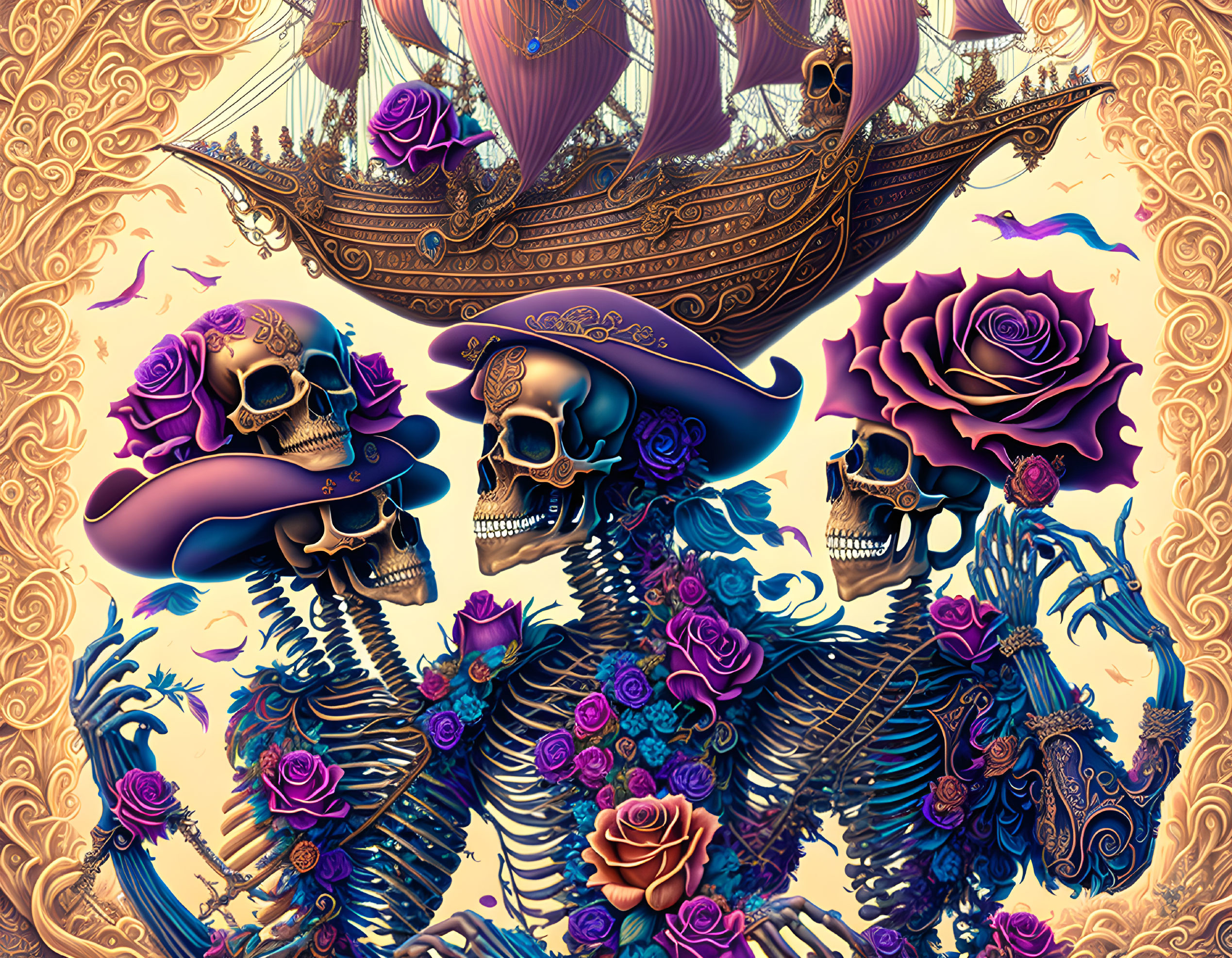 Detailed illustration of skulls, roses, skeleton pirates, and gilded ship on ornate backdrop