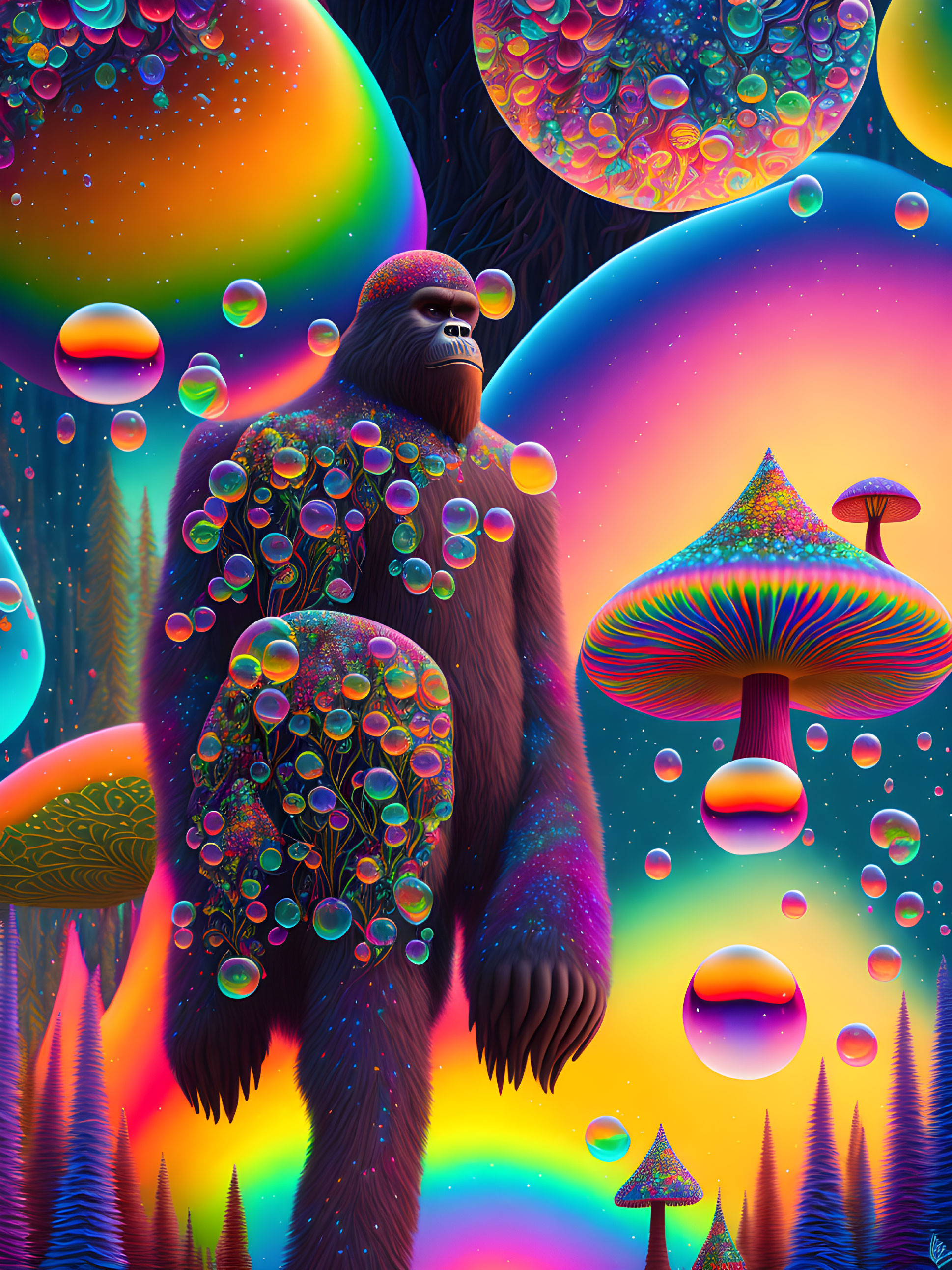 Colorful Psychedelic Sasquatch in Neon Forest Scene