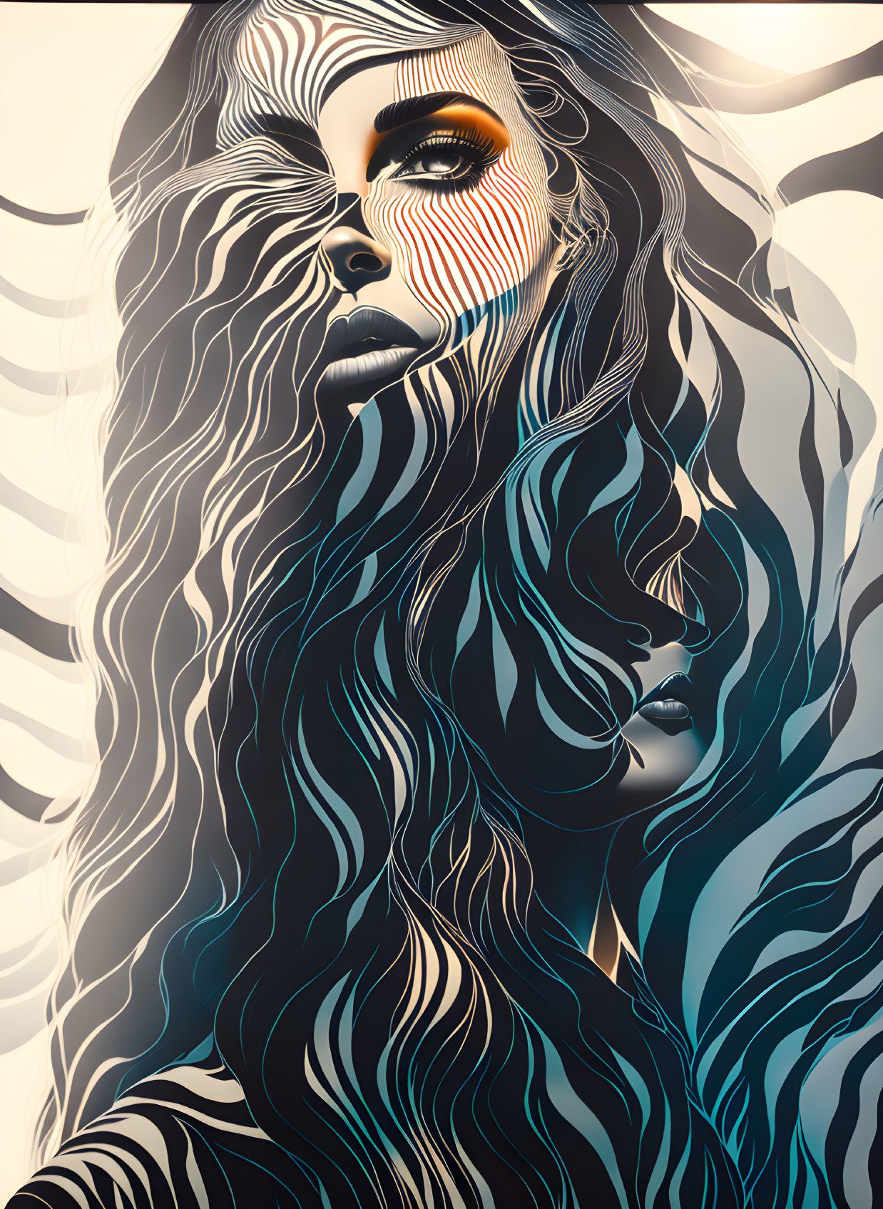 Monochrome digital art of a woman with wavy hair and orange accents