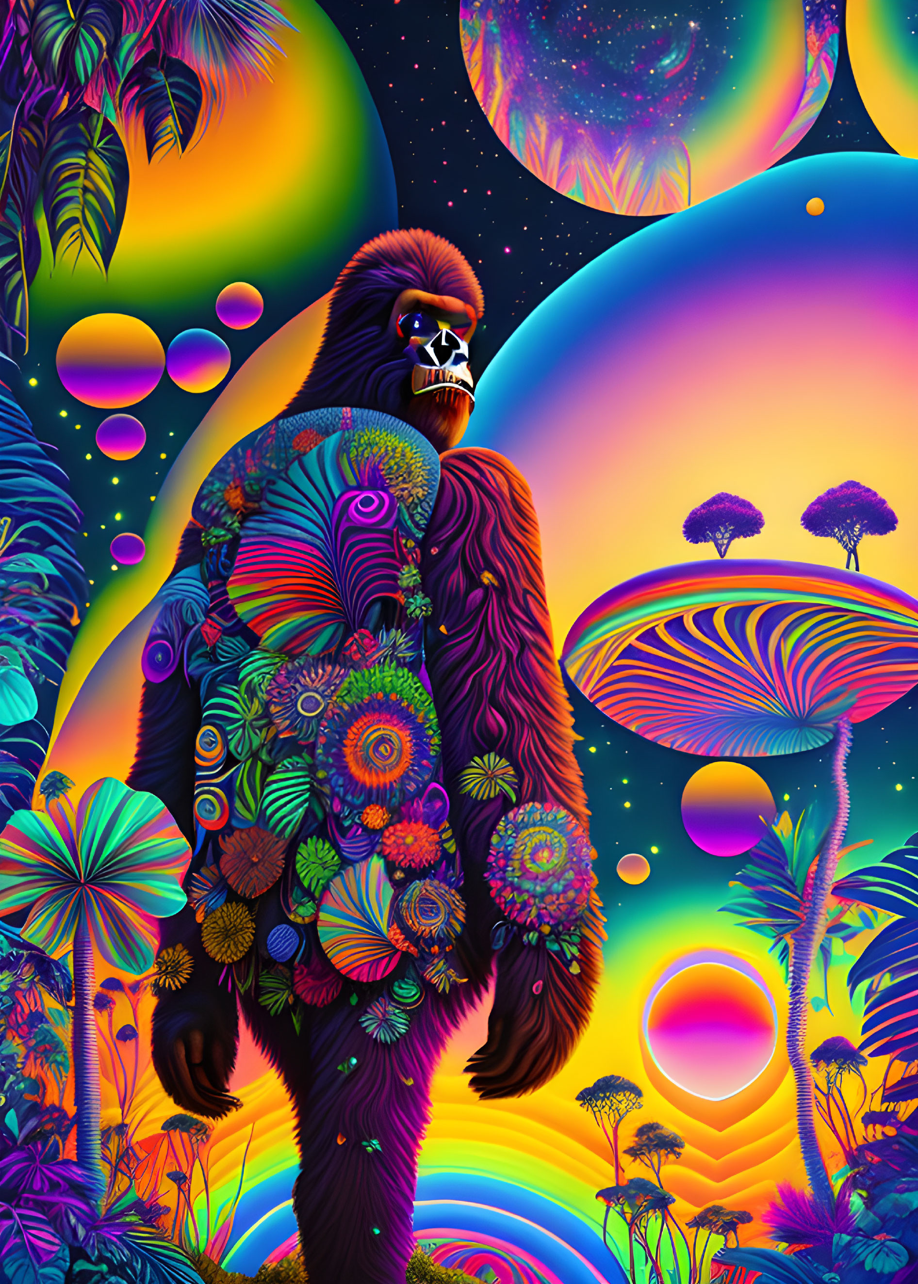 Colorful Psychedelic Gorilla Artwork with Neon Flora and Celestial Elements