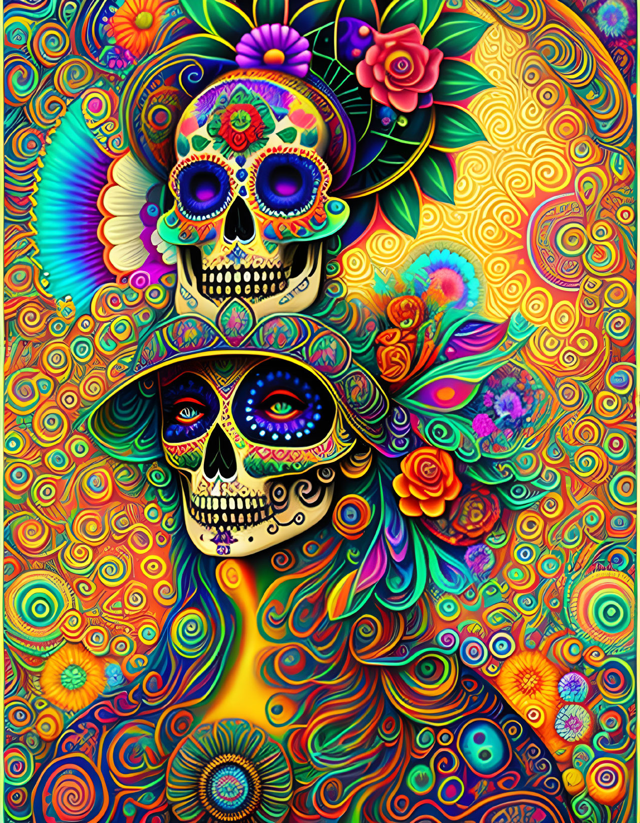 Vibrant Day of the Dead sugar skull illustration with floral patterns