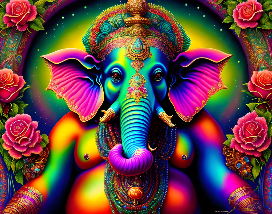 Vibrant Hindu deity Ganesha illustration with floral background