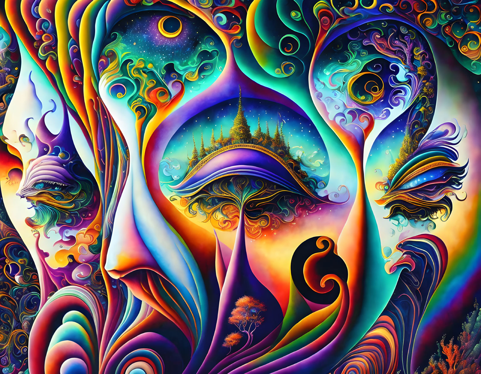 Colorful psychedelic artwork: swirling patterns, celestial motifs, abstract figures, dreamlike landscape