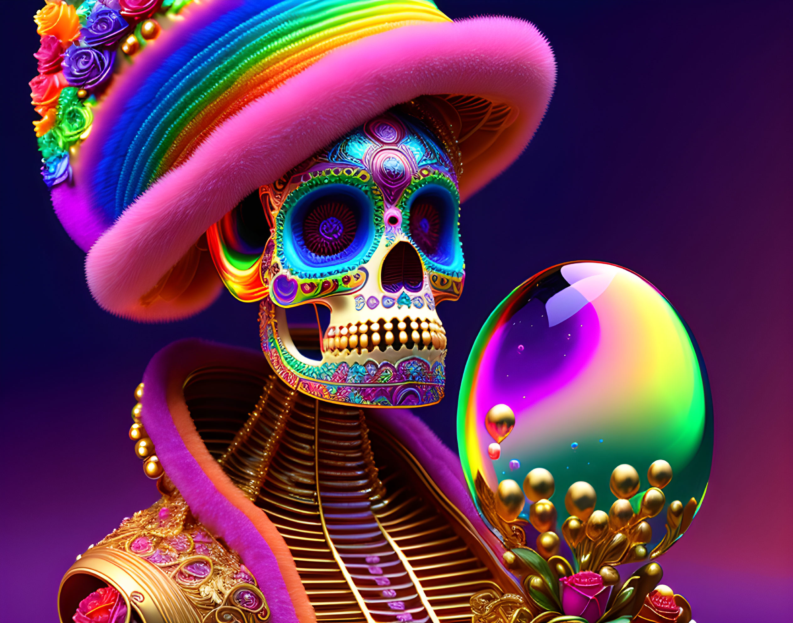 Colorful Skull with Sombrero and Iridescent Orb on Purple Background