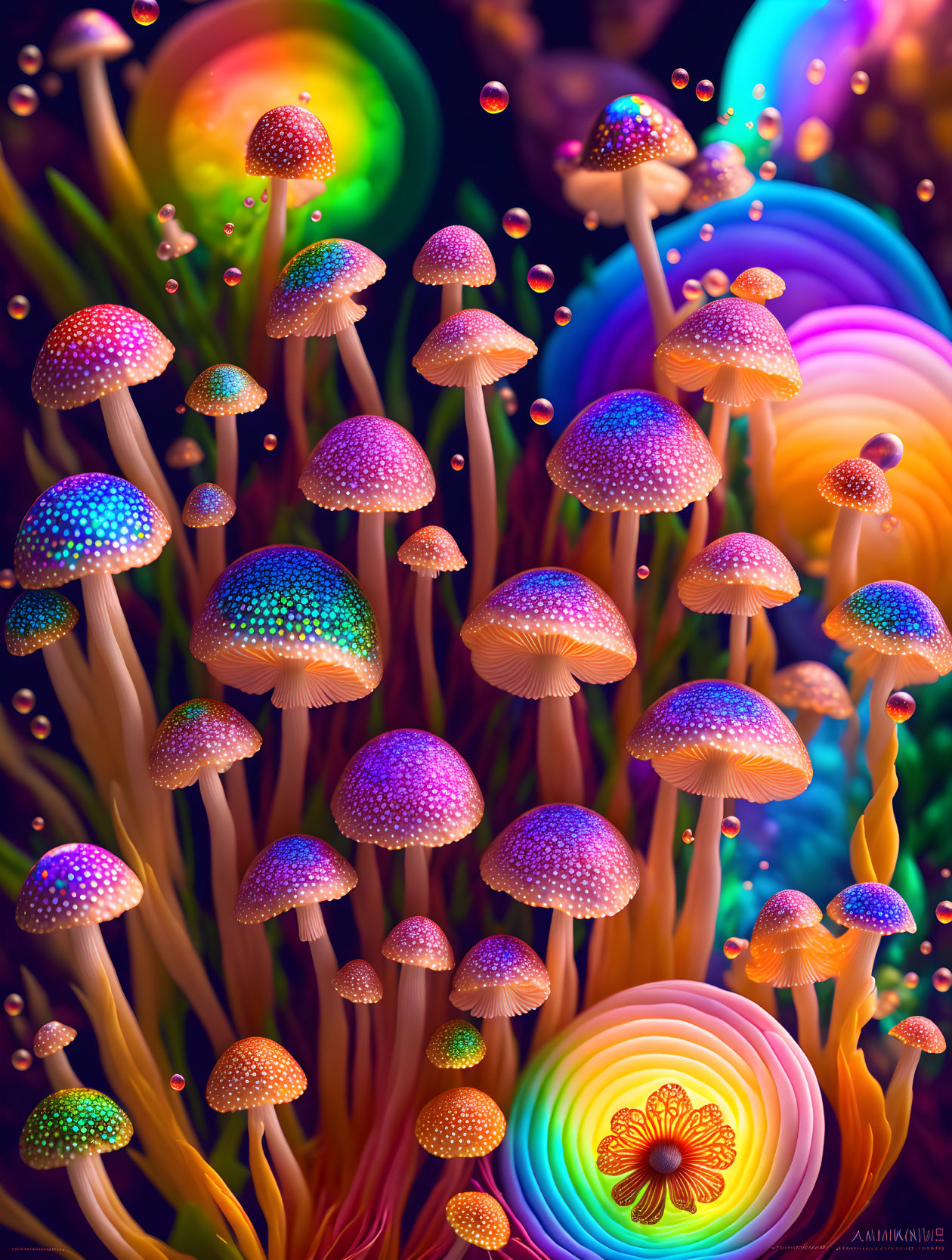 Colorful Whimsical Mushroom Illustration with Glowing Caps