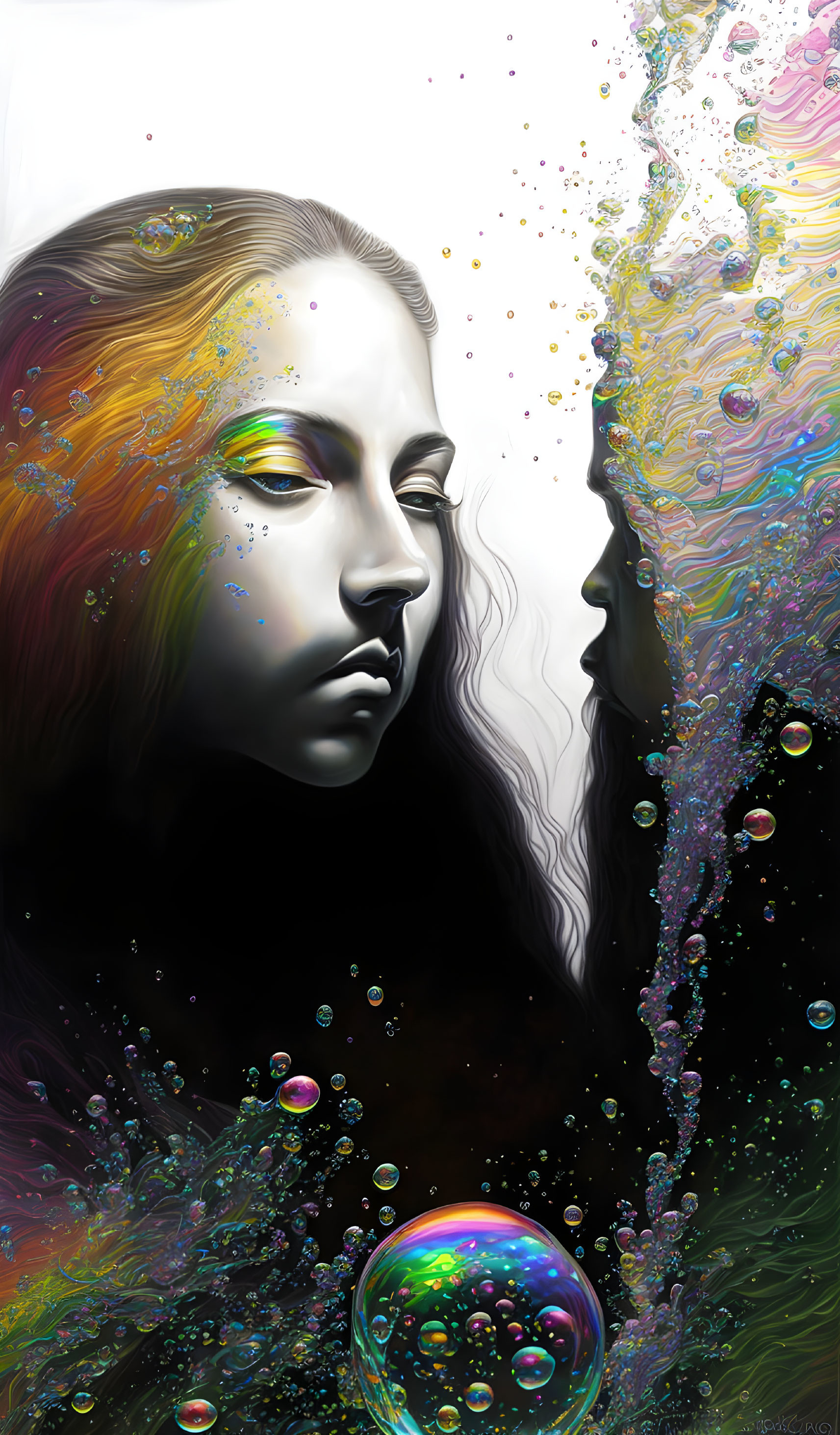 Surreal digital painting: Two faces, one clear, one disintegrating