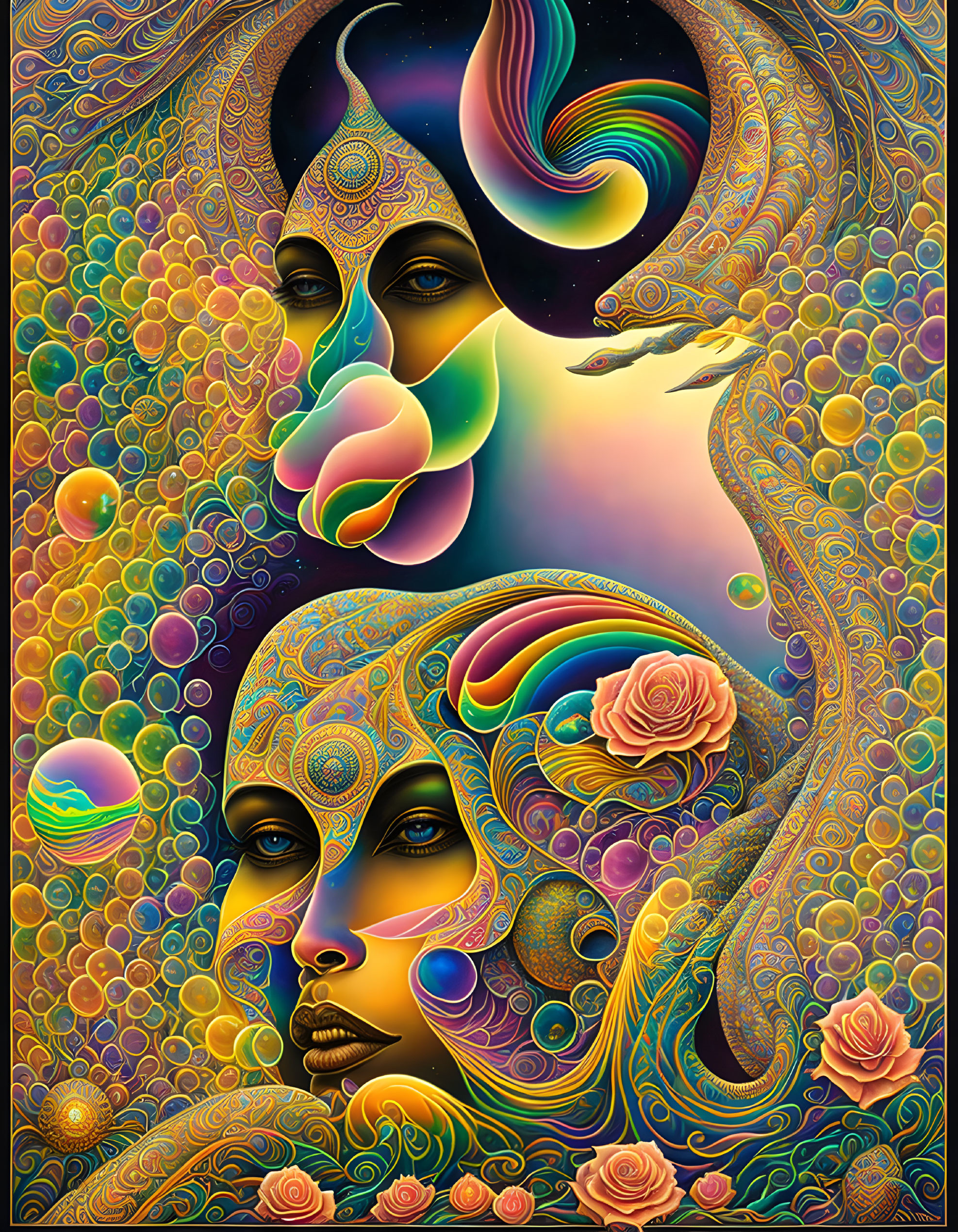 Colorful Psychedelic Artwork with Stylized Faces & Celestial Motifs