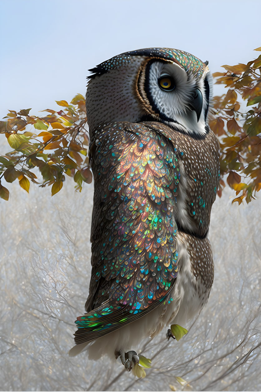 Digitally altered owl with vibrant, iridescent feathers in autumn setting