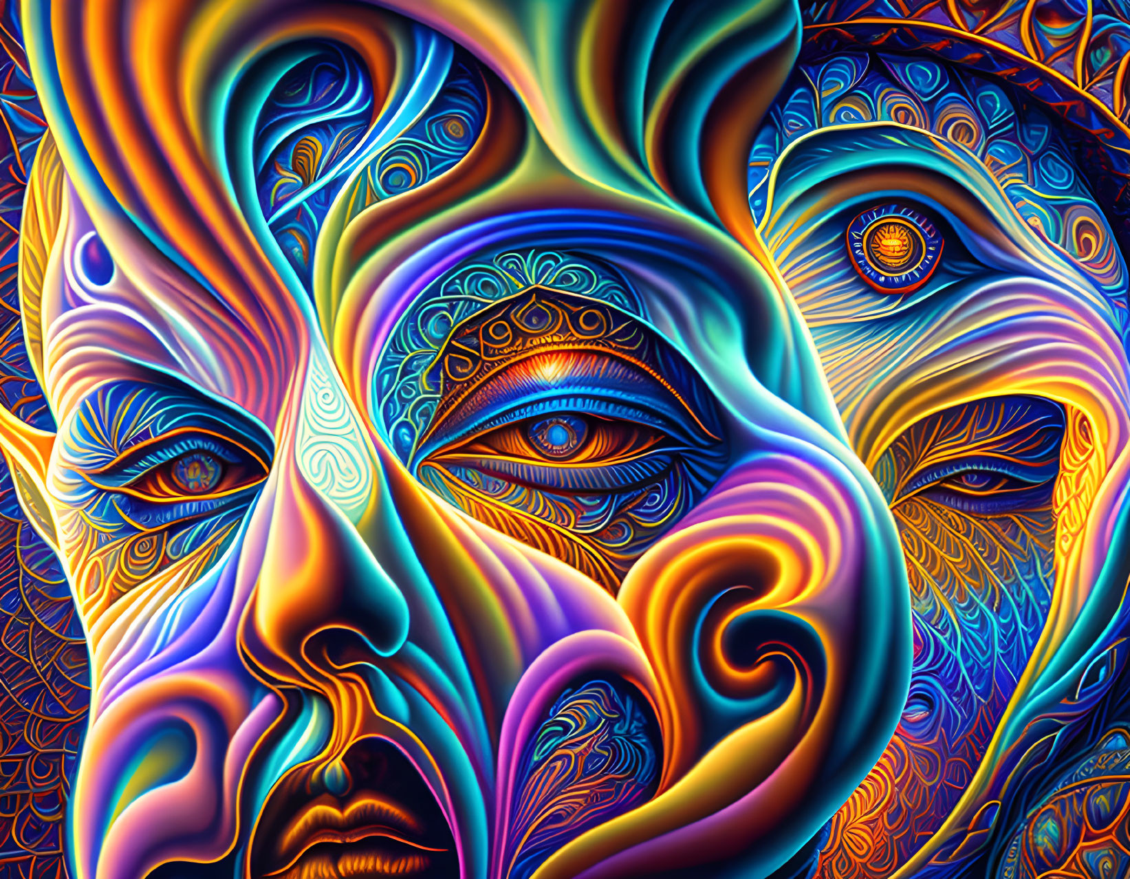 Colorful Psychedelic Art: Intricate Faces & Patterns in Blues, Oranges, and Pur