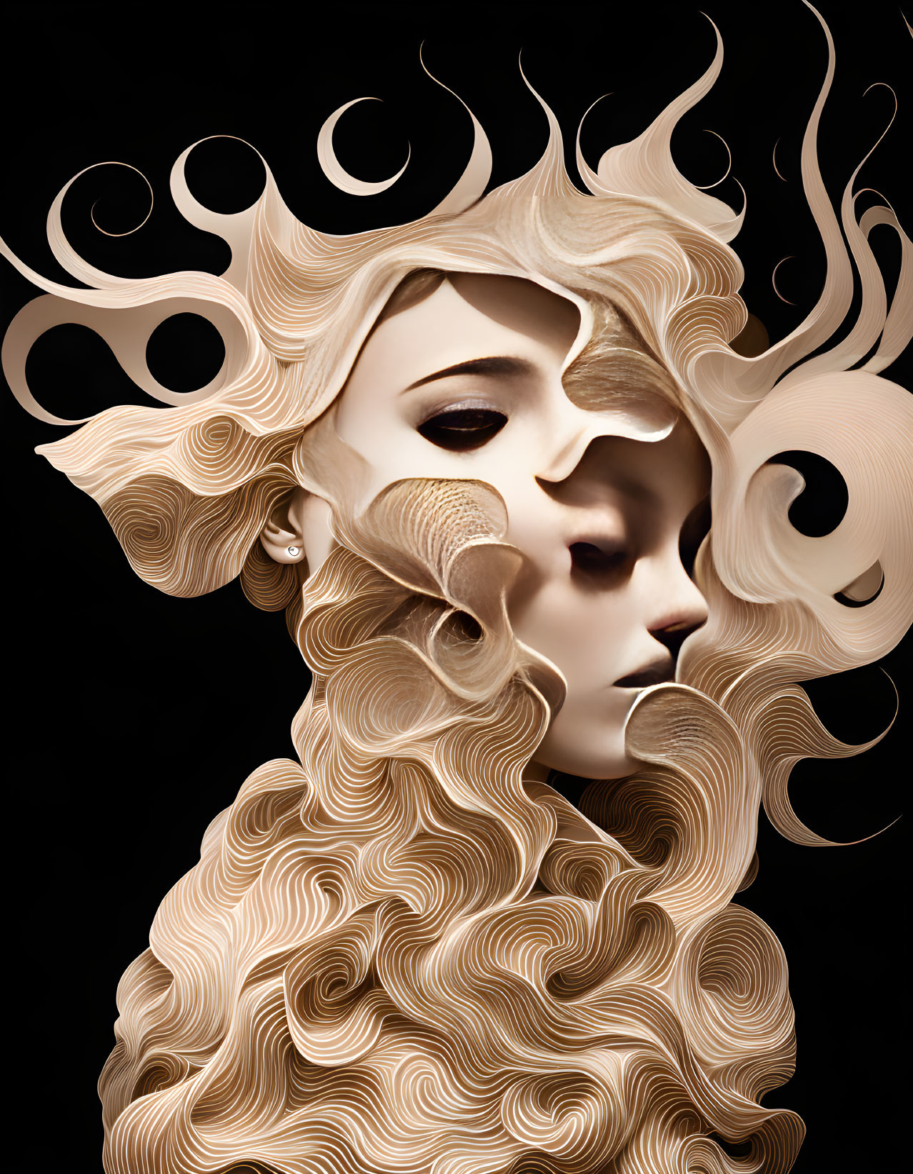 Feminine figure with swirling hair and horn-like curls on dark background