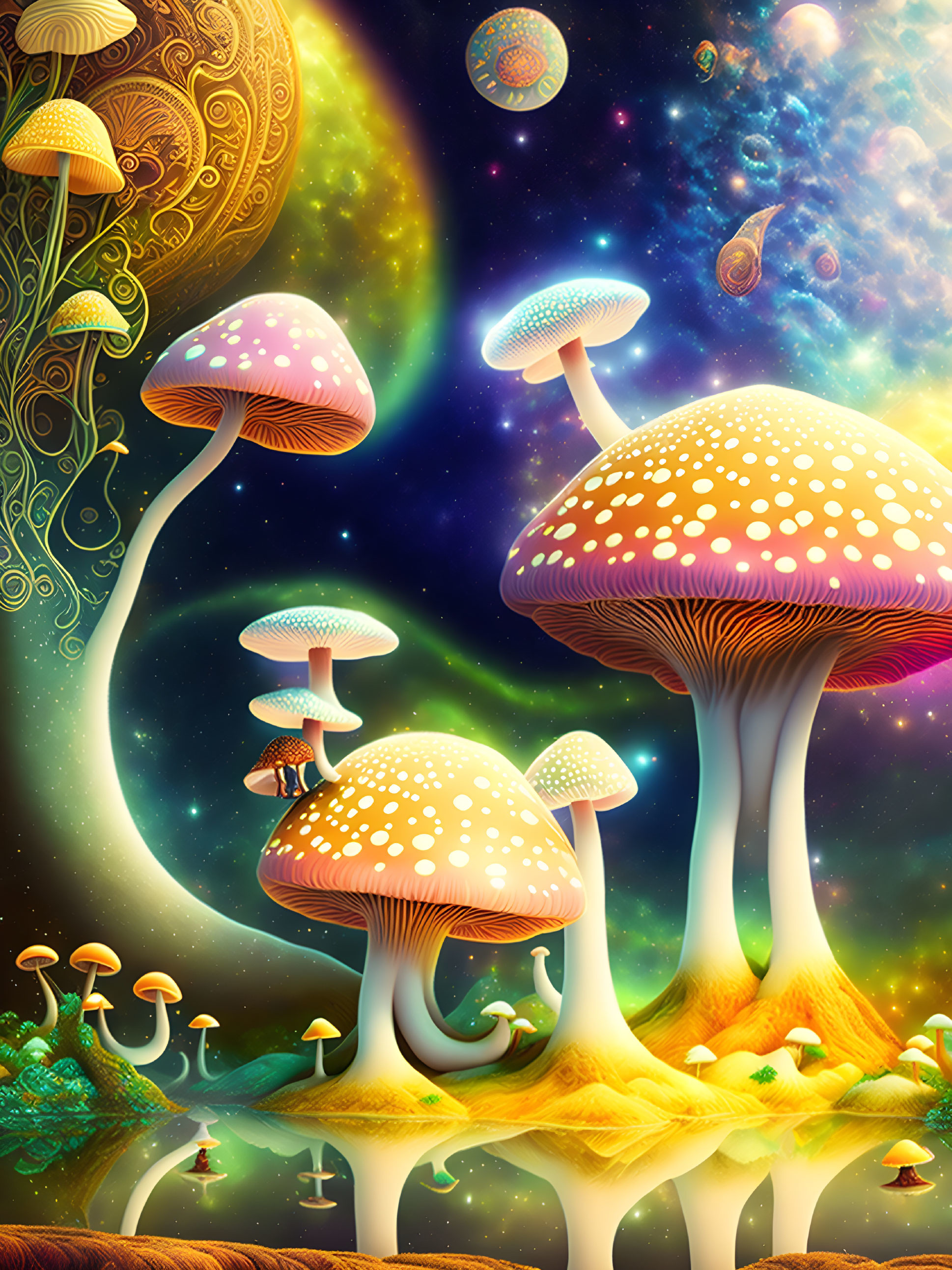 Colorful digital artwork: Oversized mushrooms in cosmic landscape