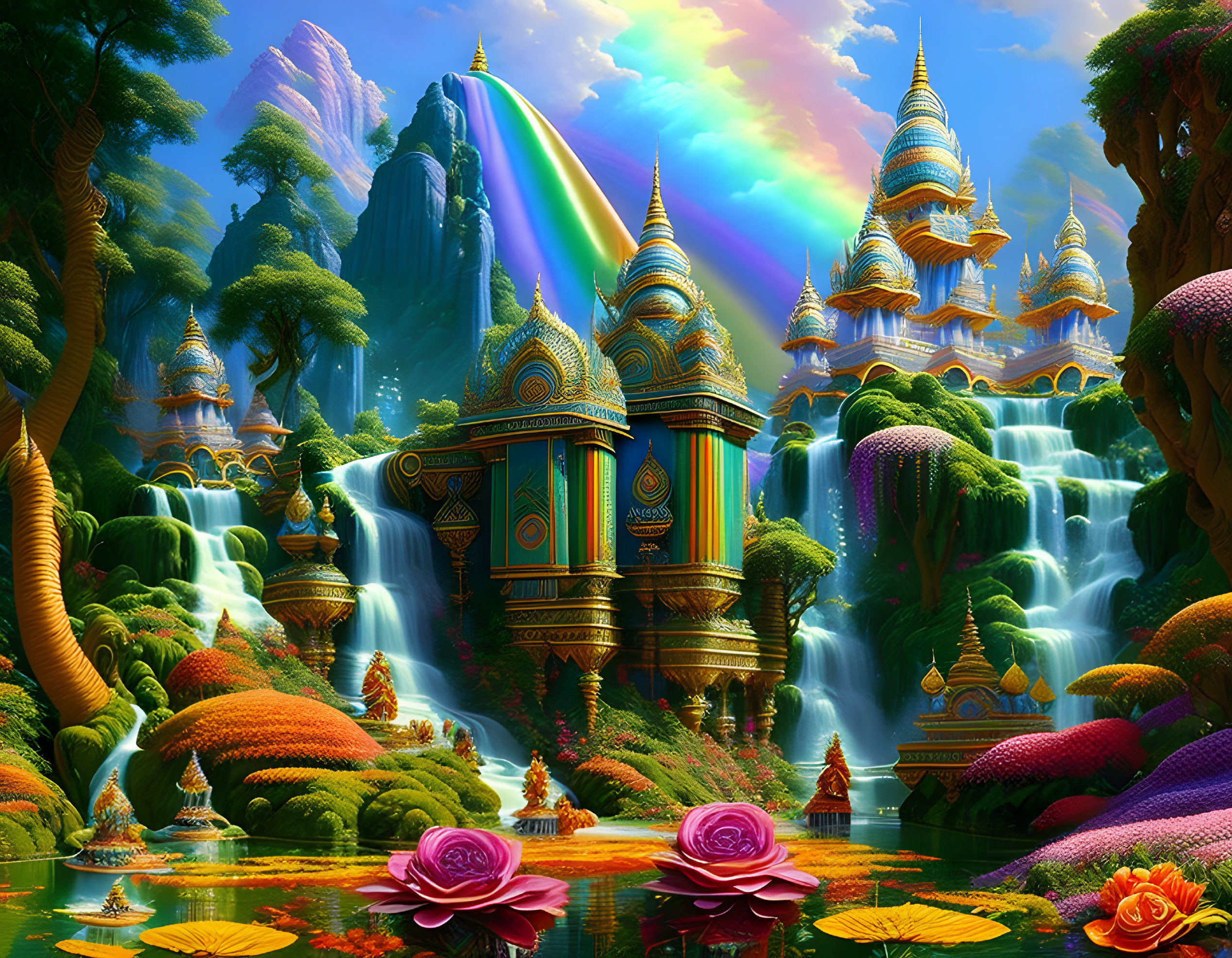 Fantasy landscape with temples, waterfalls, exotic plants, and rainbow