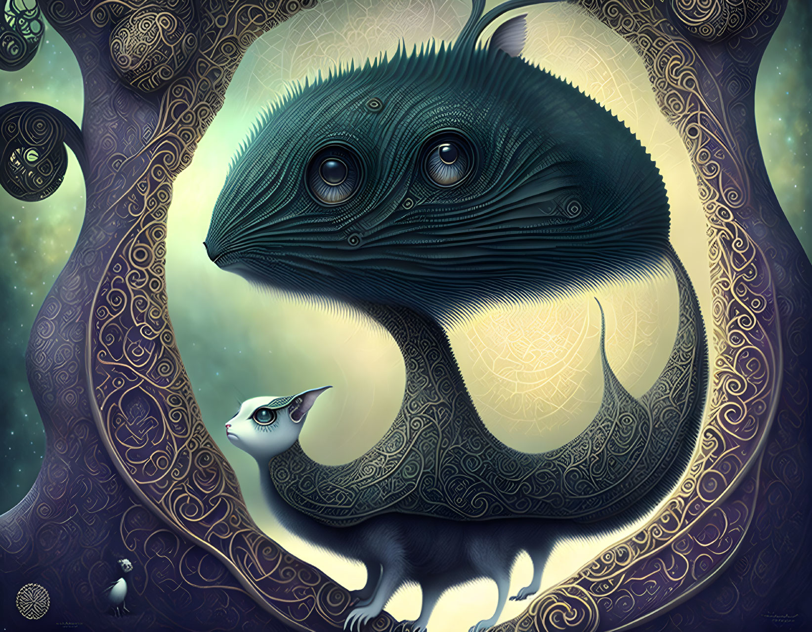 Surreal artwork: large creature with chameleon-like head, patterned body, small cat under