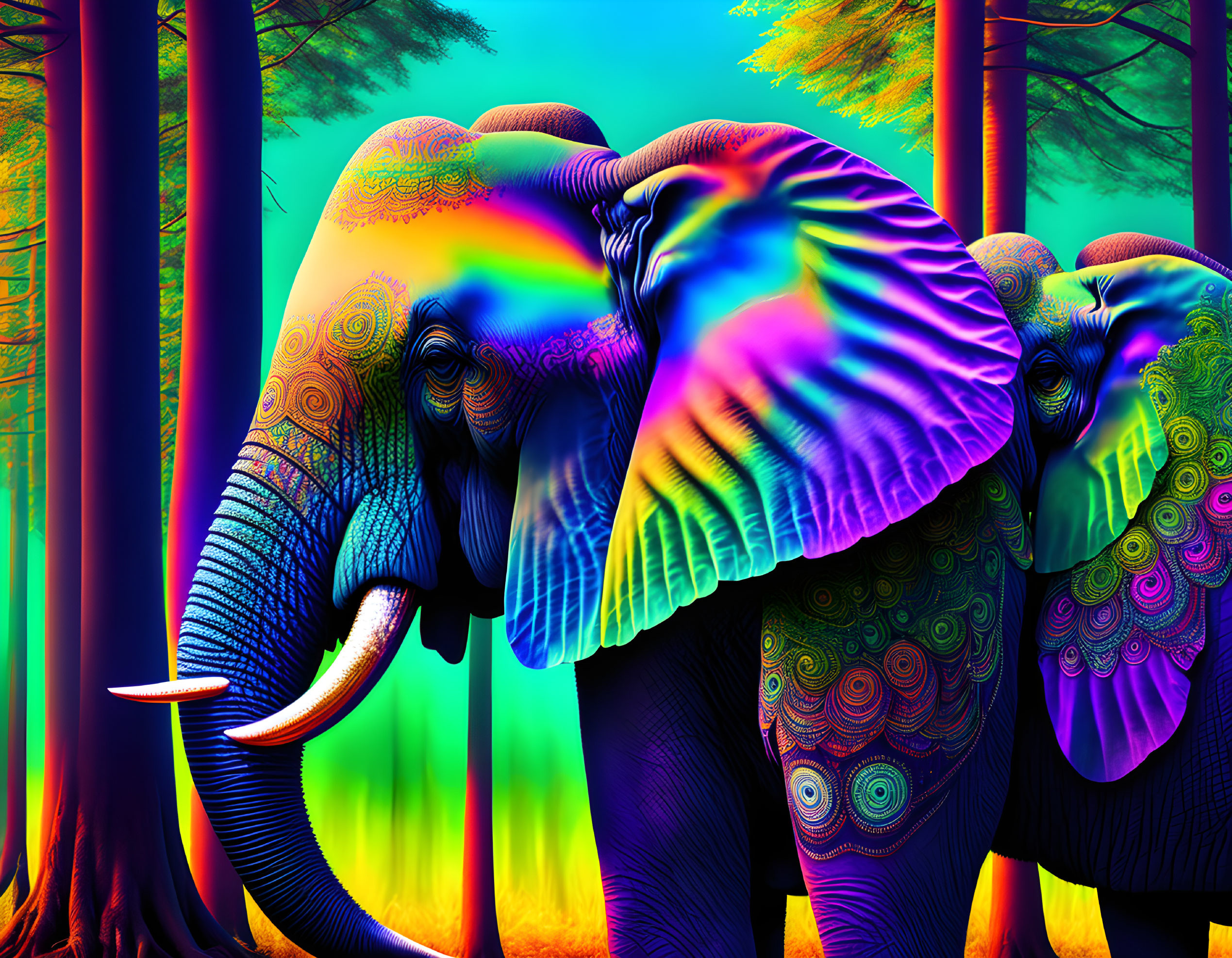 Vibrant psychedelic elephants in neon forest landscape