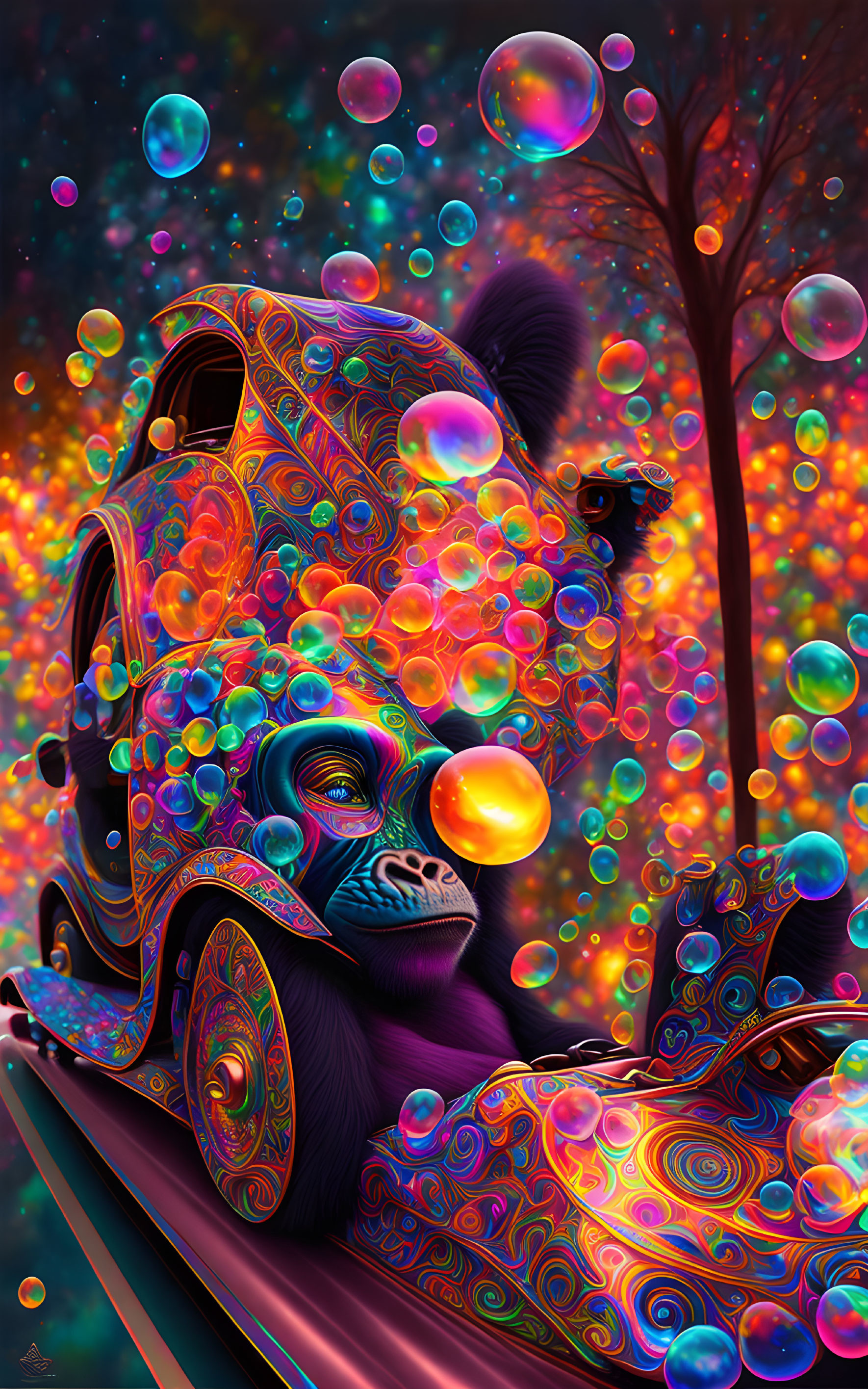 Colorful Psychedelic Gorilla Artwork with Bubbles and Tree