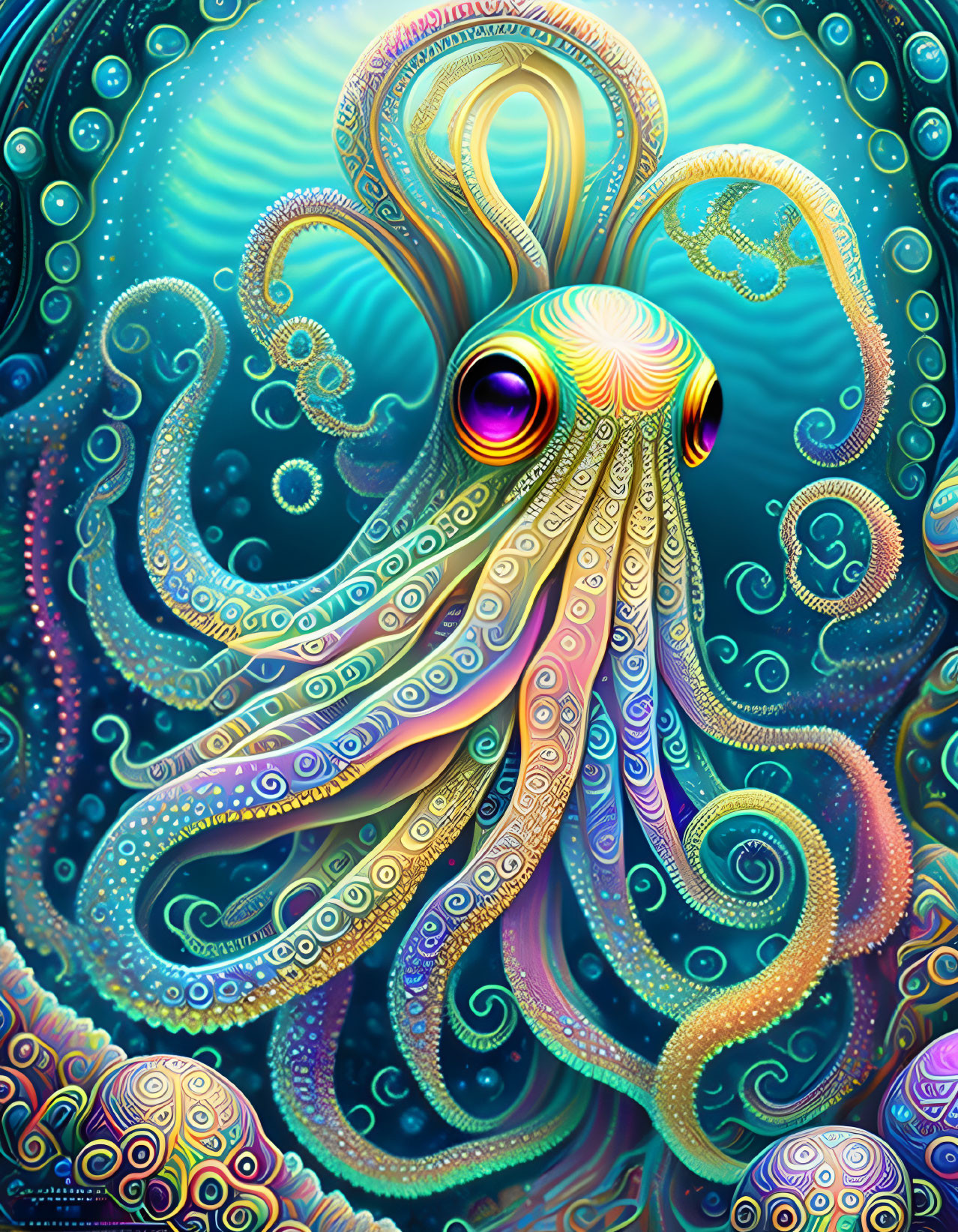 Colorful Octopus Illustration with Psychedelic Patterns and Oceanic Motifs