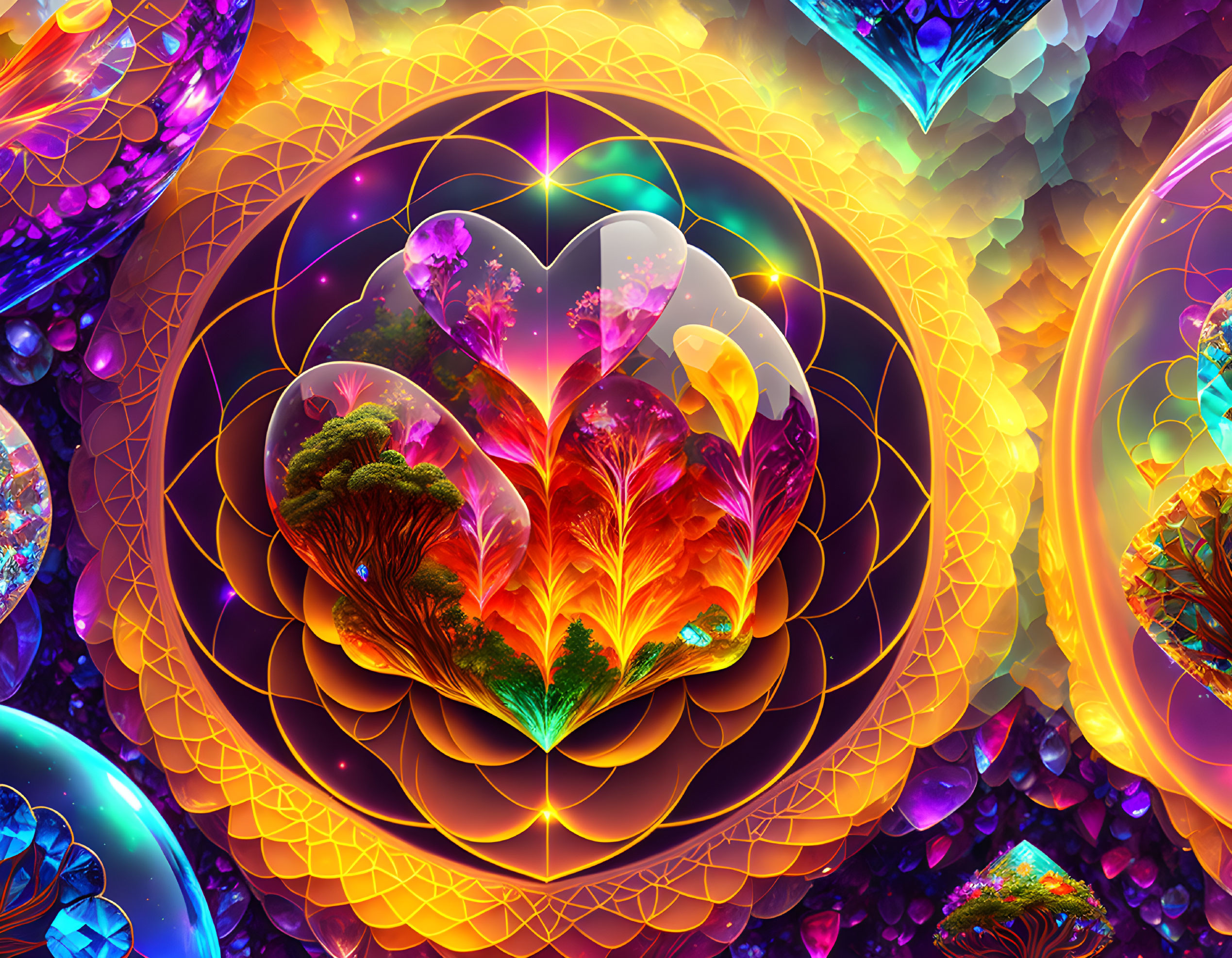 Colorful digital artwork with psychedelic patterns, geometric shapes, and neon colors depicting trees in a fractal