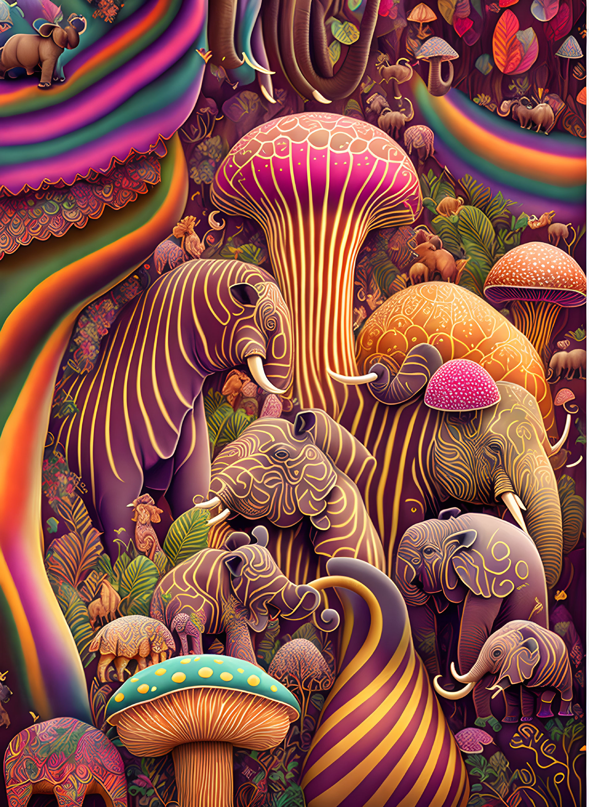 Colorful psychedelic illustration of elephants and mushrooms in intricate patterns.