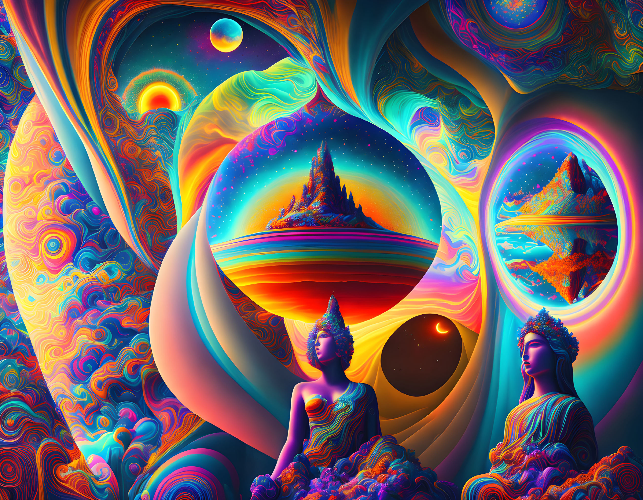 Psychedelic artwork: statuesque figures, celestial bodies, swirling patterns.