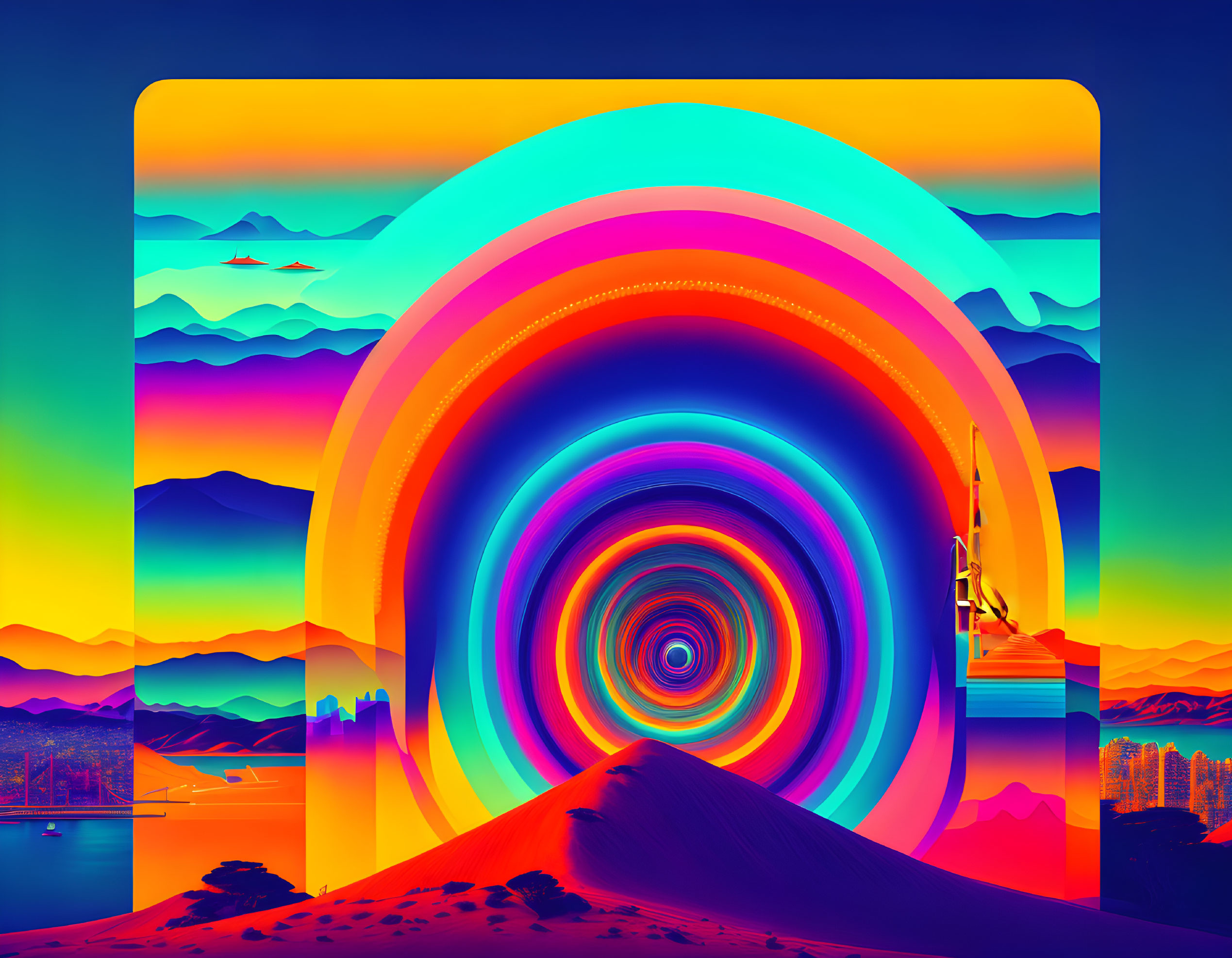 Multicolored tunnel vortex digital artwork with mountain, cityscape, and surreal sunset.