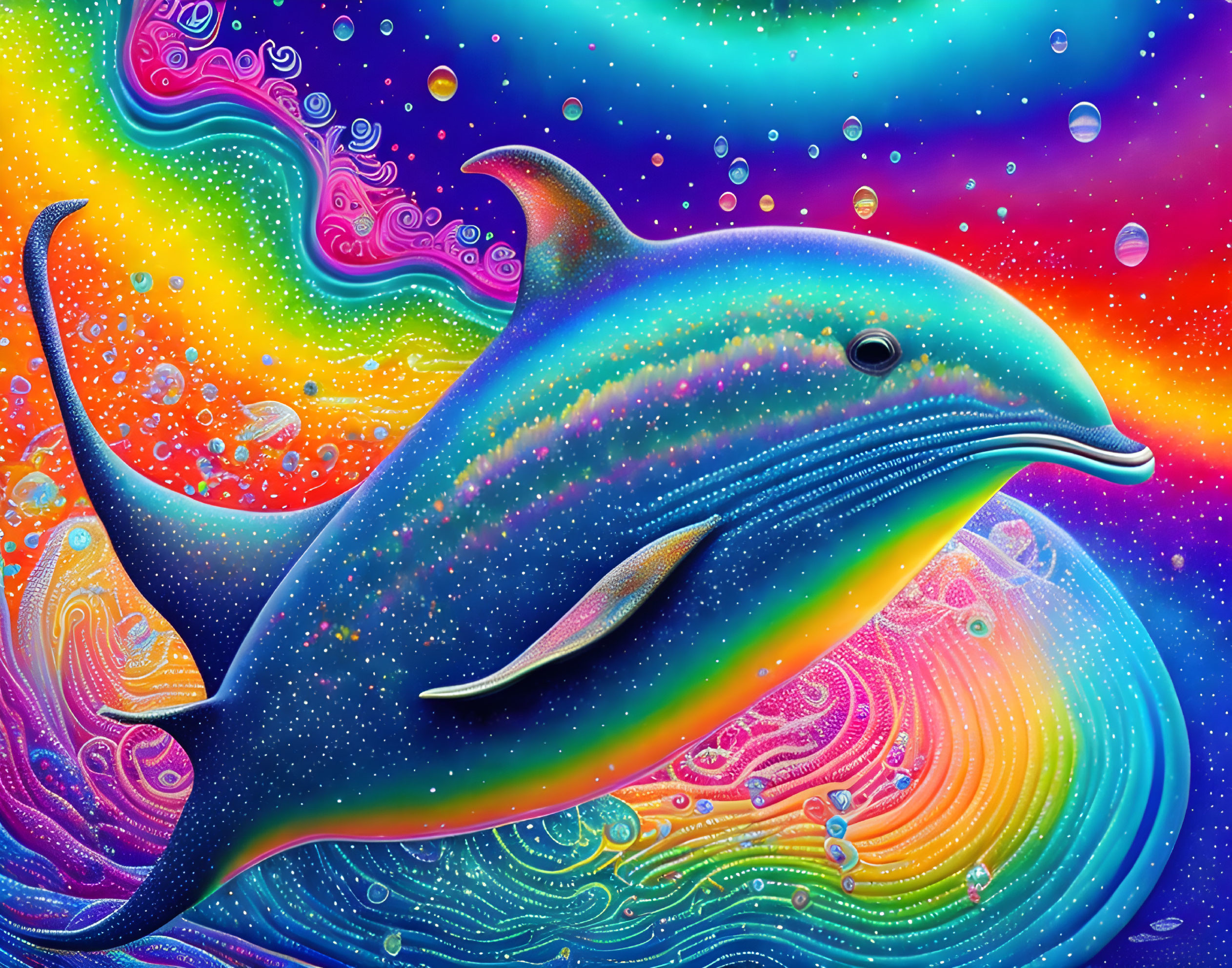 Colorful Dolphin Illustration with Abstract Patterns on Psychedelic Background