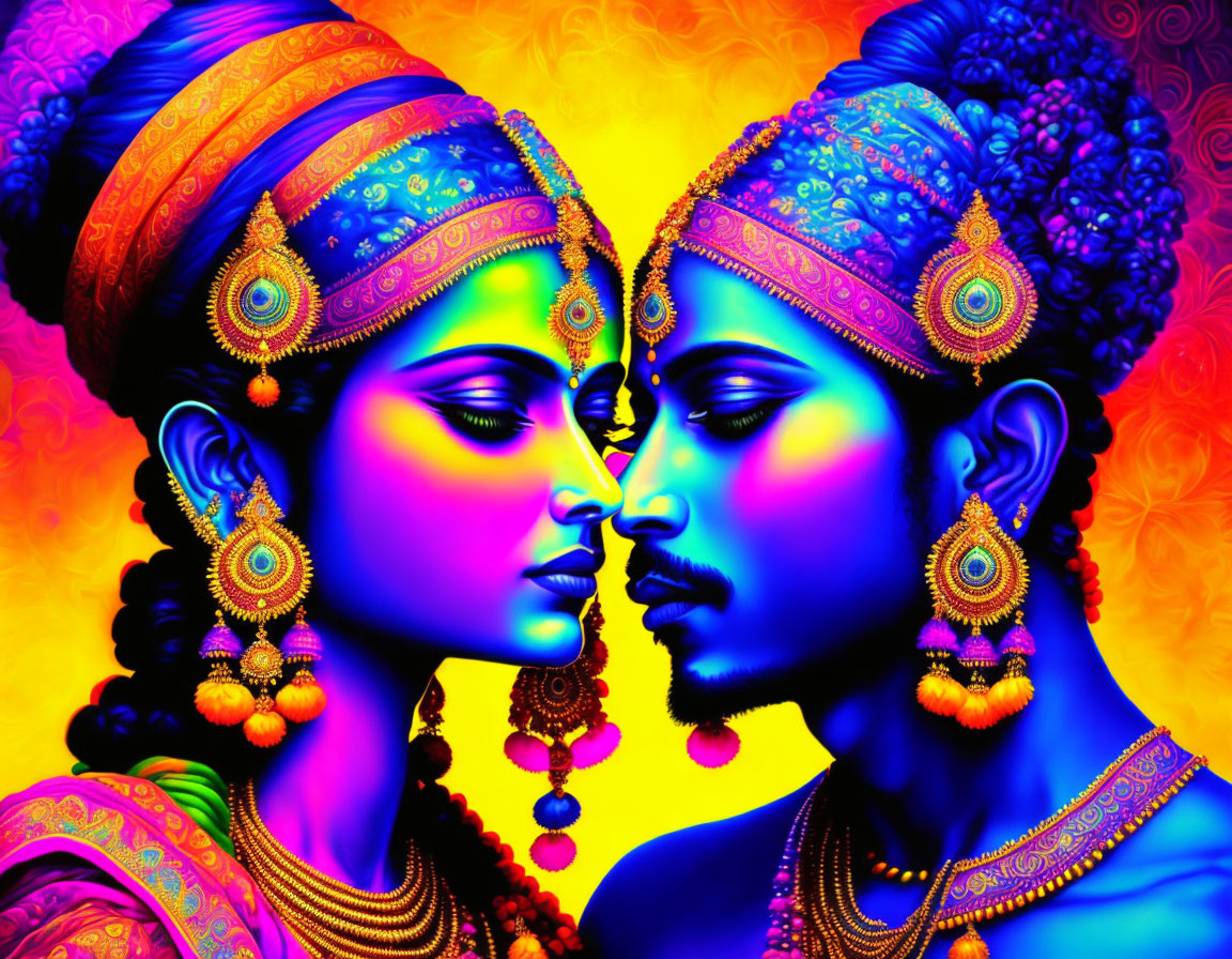 Colorful digital art: Man and woman in Indian attire against vibrant backdrop