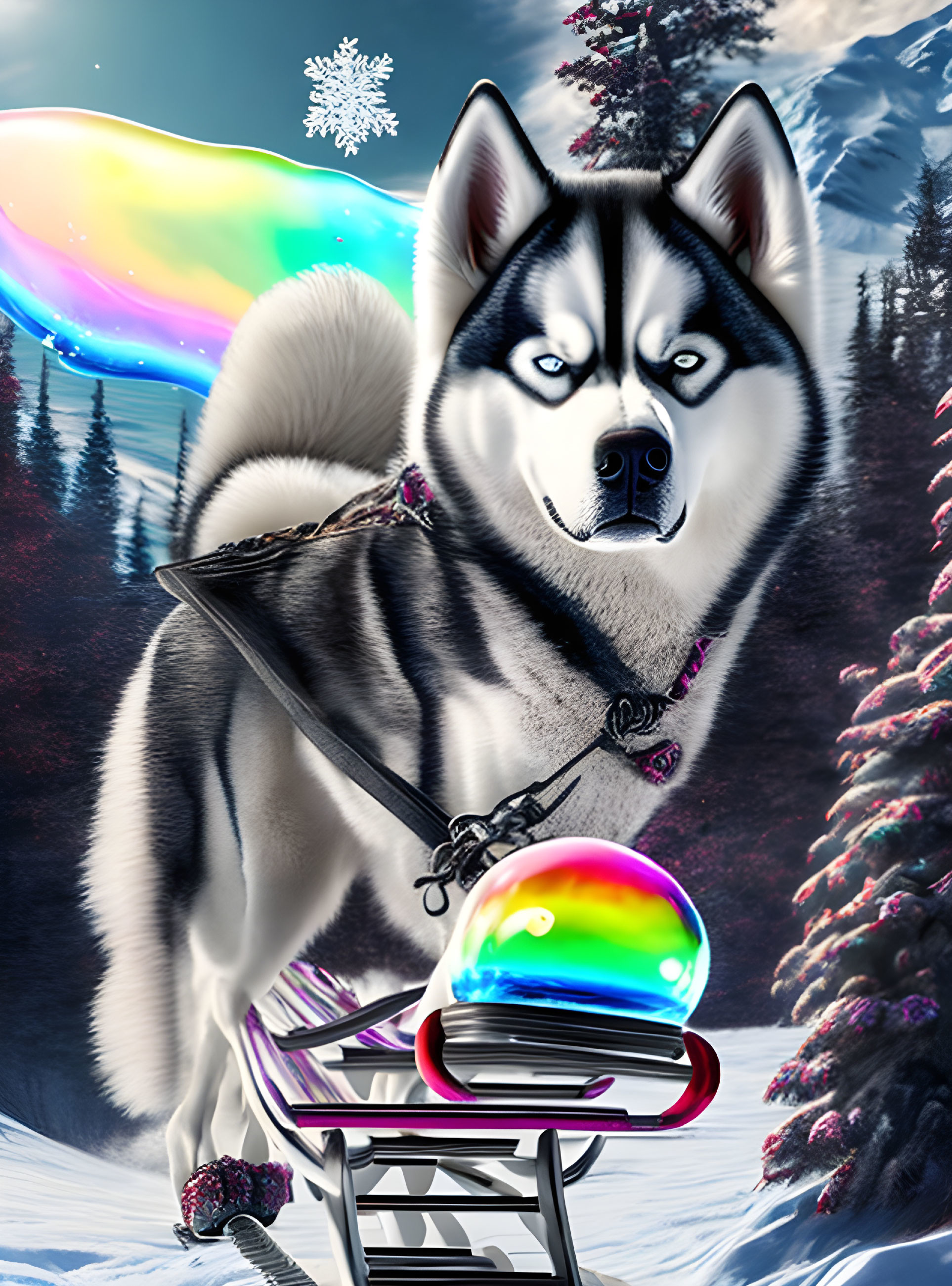 Blue-eyed husky pulling sled with snowboard in snowy landscape with aurora