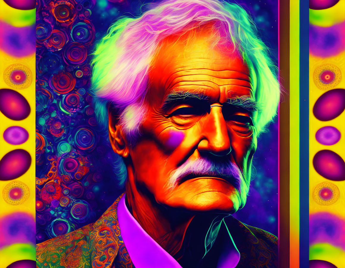 Colorful psychedelic portrait of elderly man with white mustache and vibrant attire against abstract background