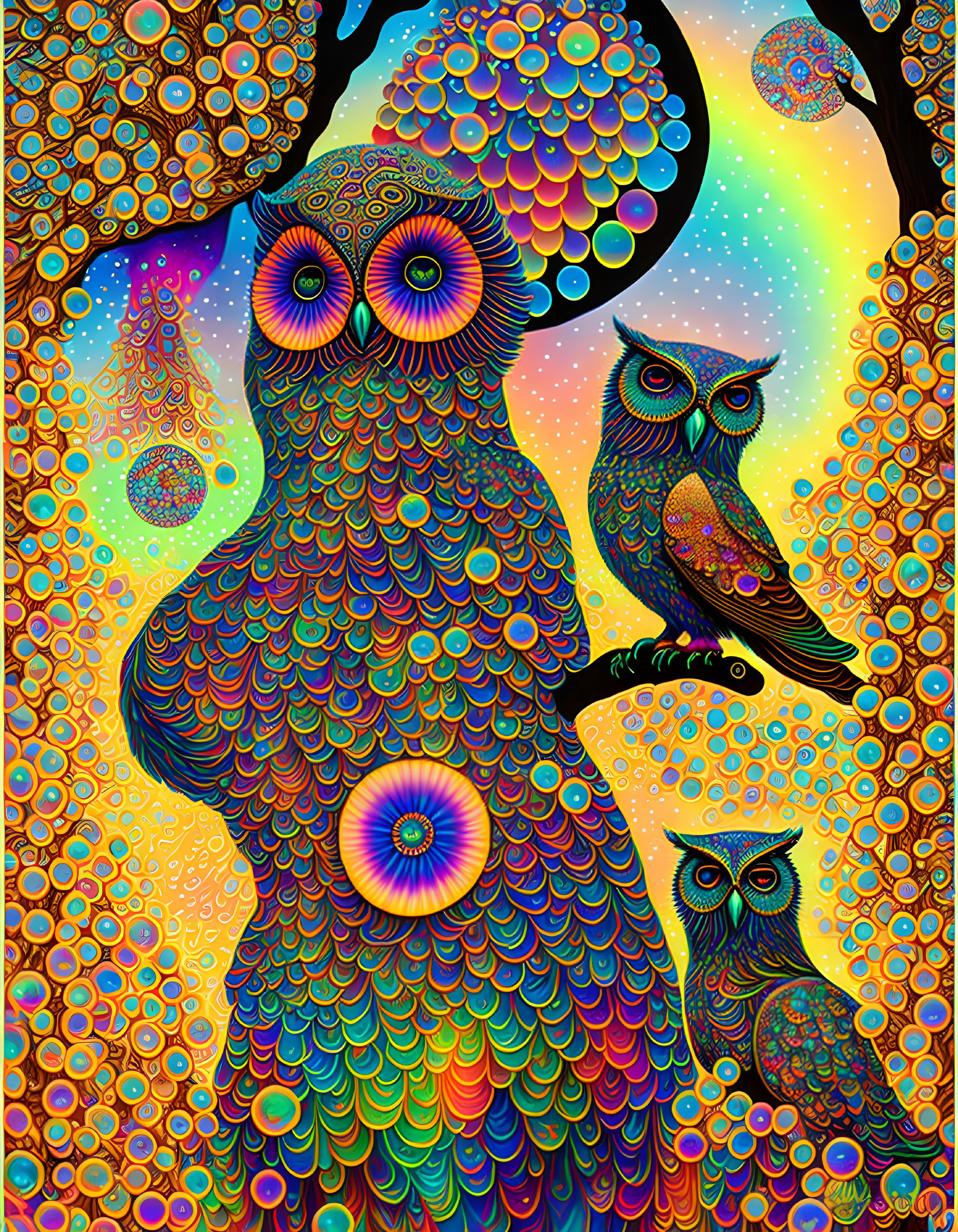 Colorful Psychedelic Owl Illustration with Swirling Patterns