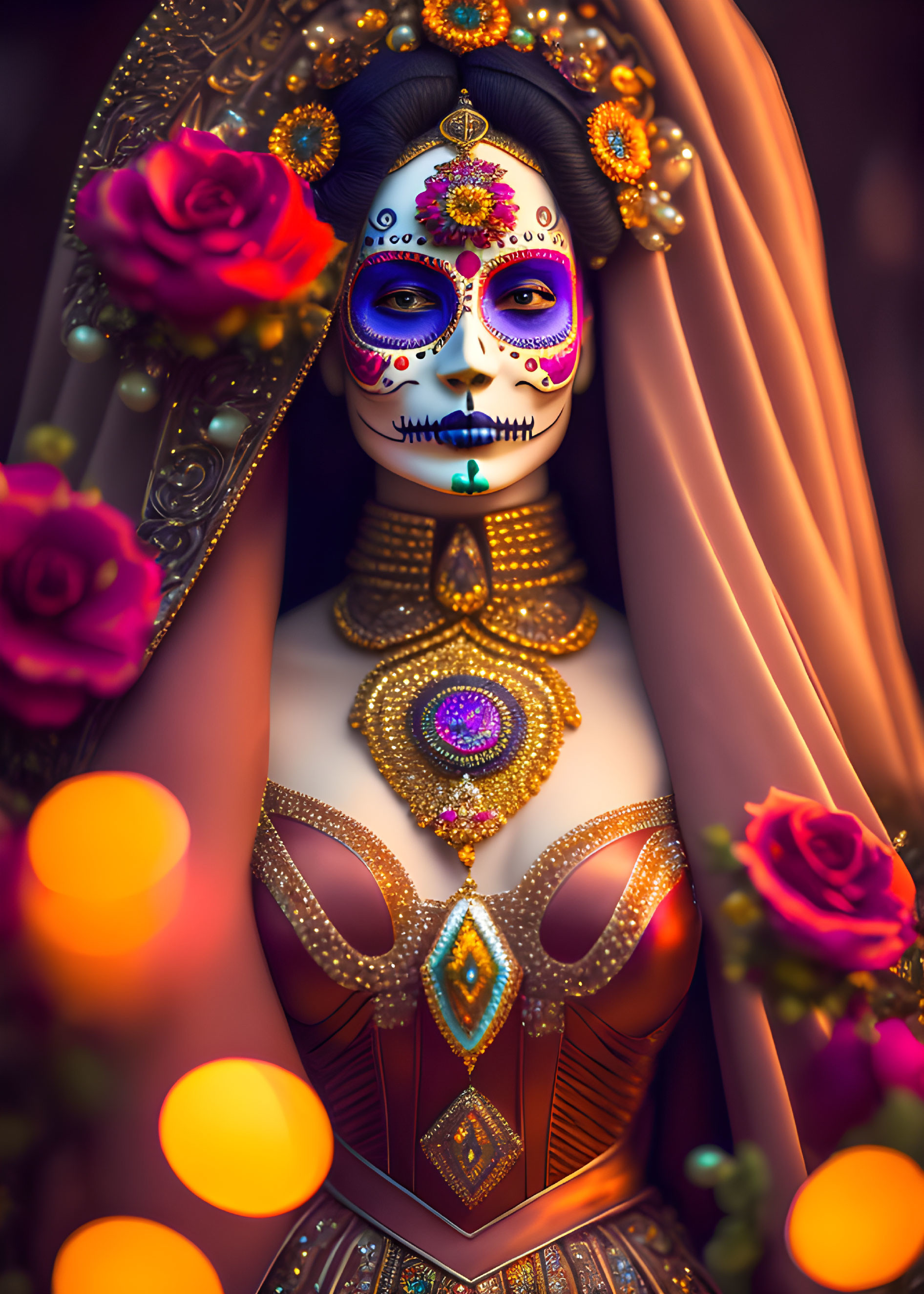 Figure with skeleton face makeup and jewelry among roses and warm light