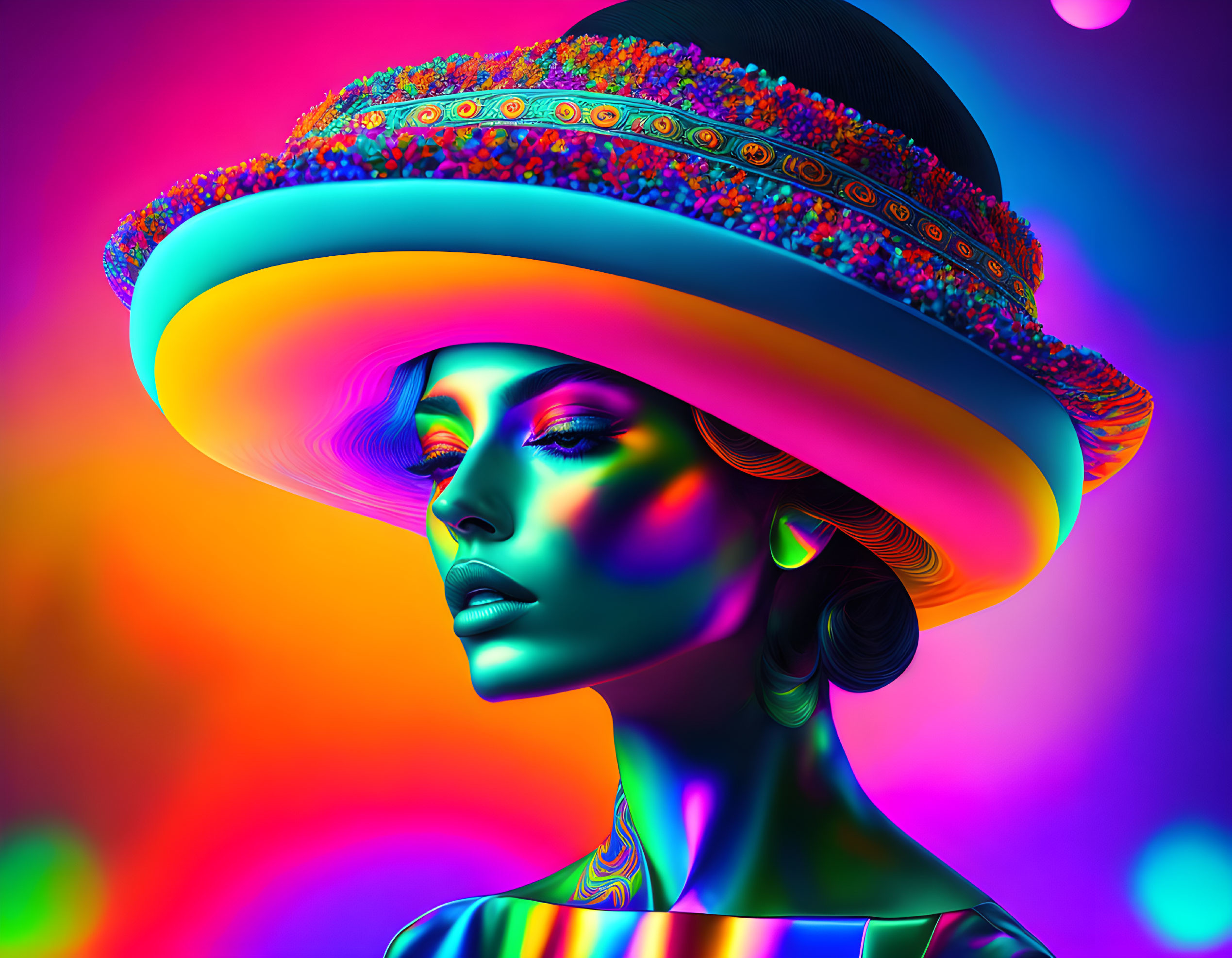 Colorful digital portrait of woman with vibrant skin tones and wide-brimmed hat on neon background